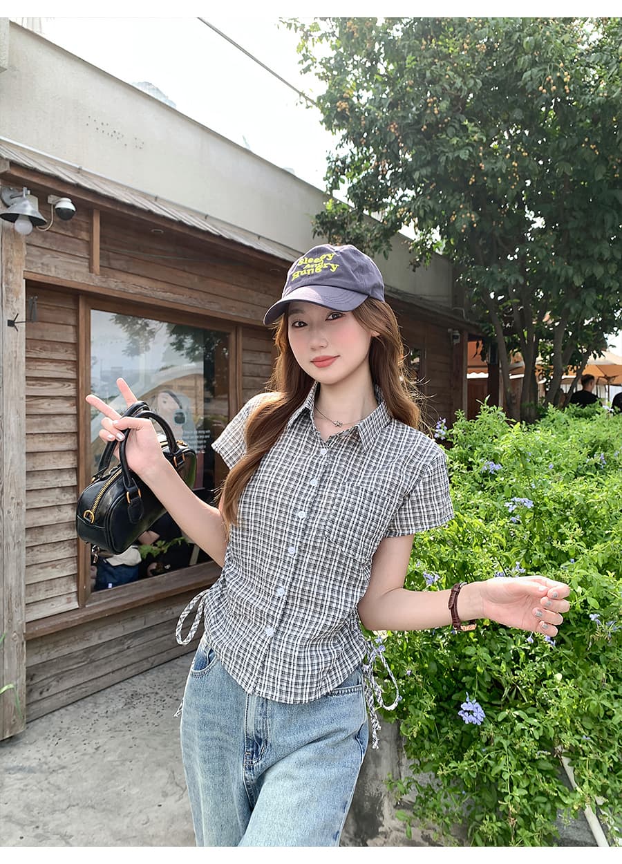 한 부서 레트로 배색 체크무늬 반팔 여성 셔츠 여름 새로운 측면 수 있습니다. 조정 스트랩 허리 수축 작은 키 맨위 상세 이미지 11