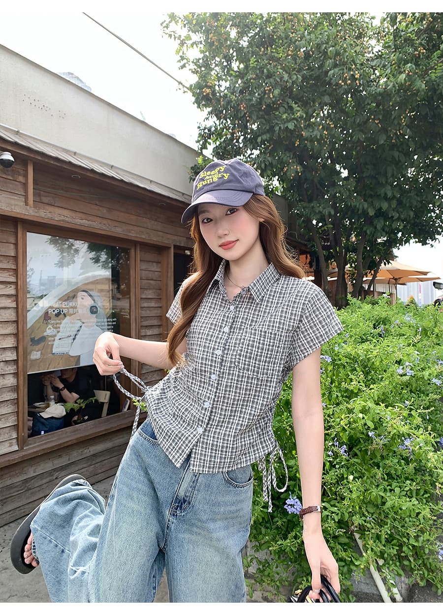 한 부서 레트로 배색 체크무늬 반팔 여성 셔츠 여름 새로운 측면 수 있습니다. 조정 스트랩 허리 수축 작은 키 맨위 상세 이미지 12