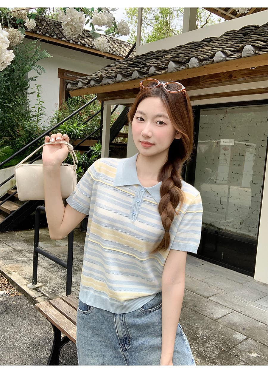 한국 스타일 배색 스트라이프 POLO 칼라 반팔 니트 스웨터 여성 여름 새로운 홀로우 아웃 질감 센스 슬림해 보이는 긍정적 인 어깨 의류 상세 이미지 3