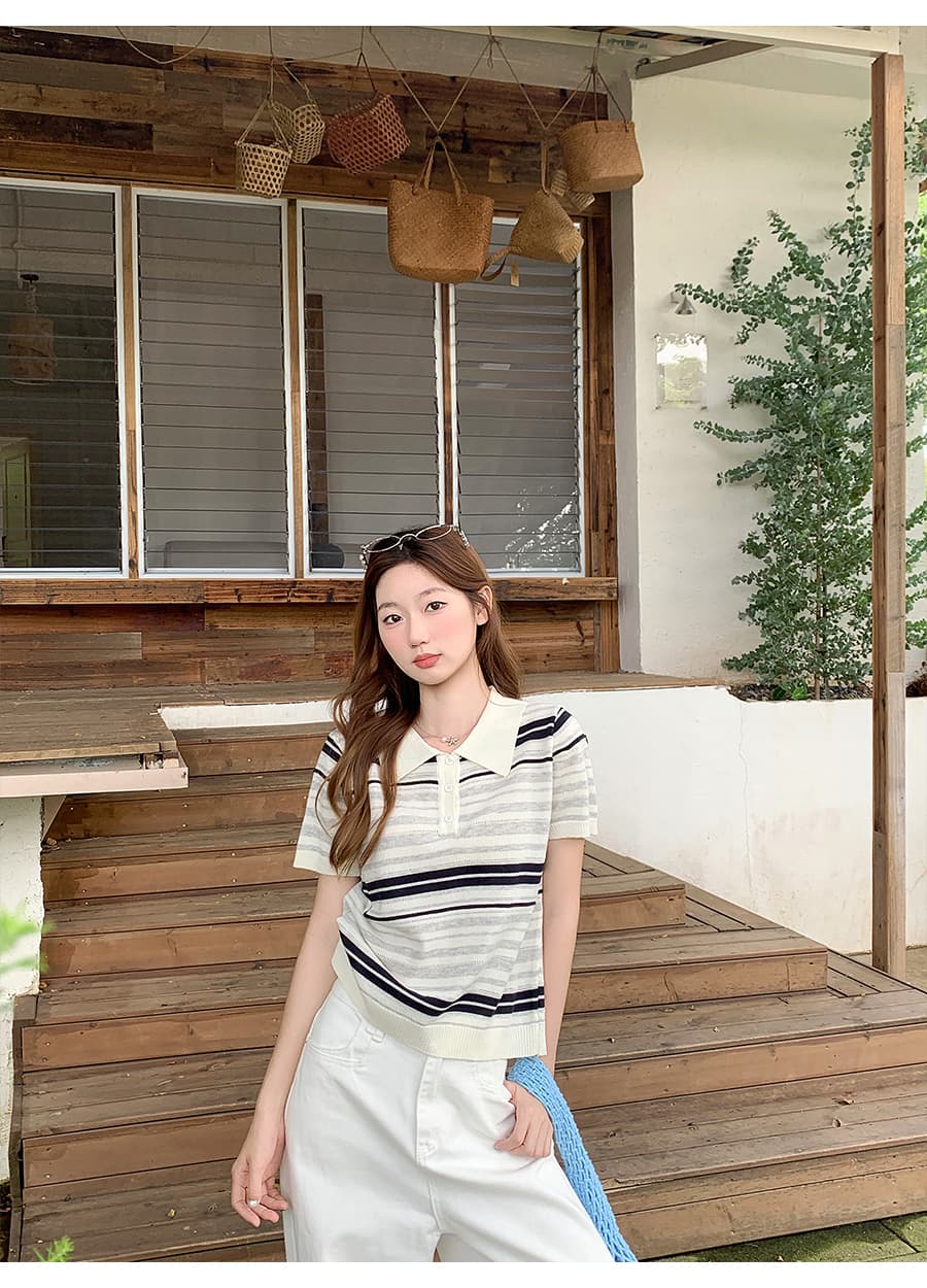 한국 스타일 배색 스트라이프 POLO 칼라 반팔 니트 스웨터 여성 여름 새로운 홀로우 아웃 질감 센스 슬림해 보이는 긍정적 인 어깨 의류 상세 이미지 10