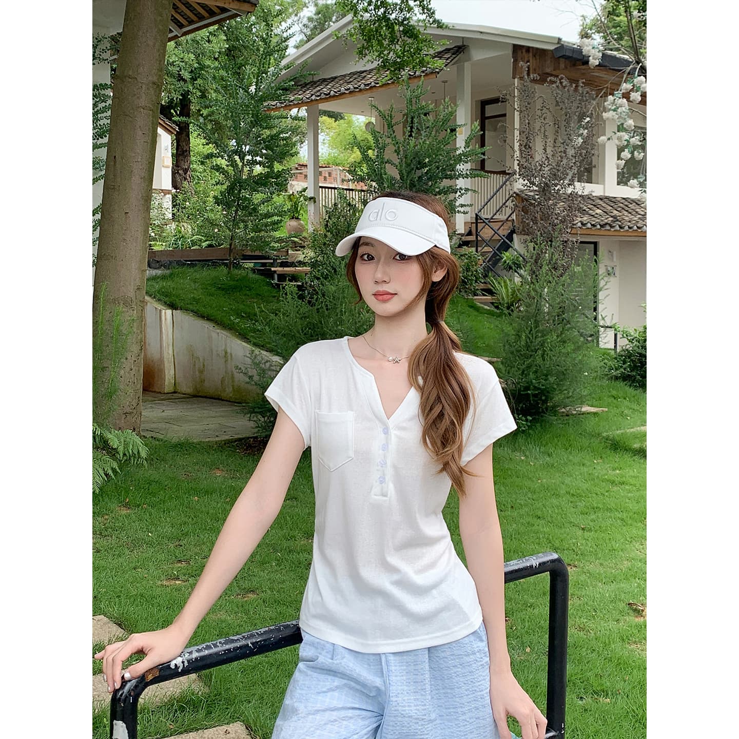 순수한 욕망 바람 반 개방 V넥 긍정적 인 어깨 반팔 티셔츠 여성 여름 새로운 한 부서 측면 주머니 몸매 가꾸기 슬림해 보이는 핫걸 맨위 이미지 3