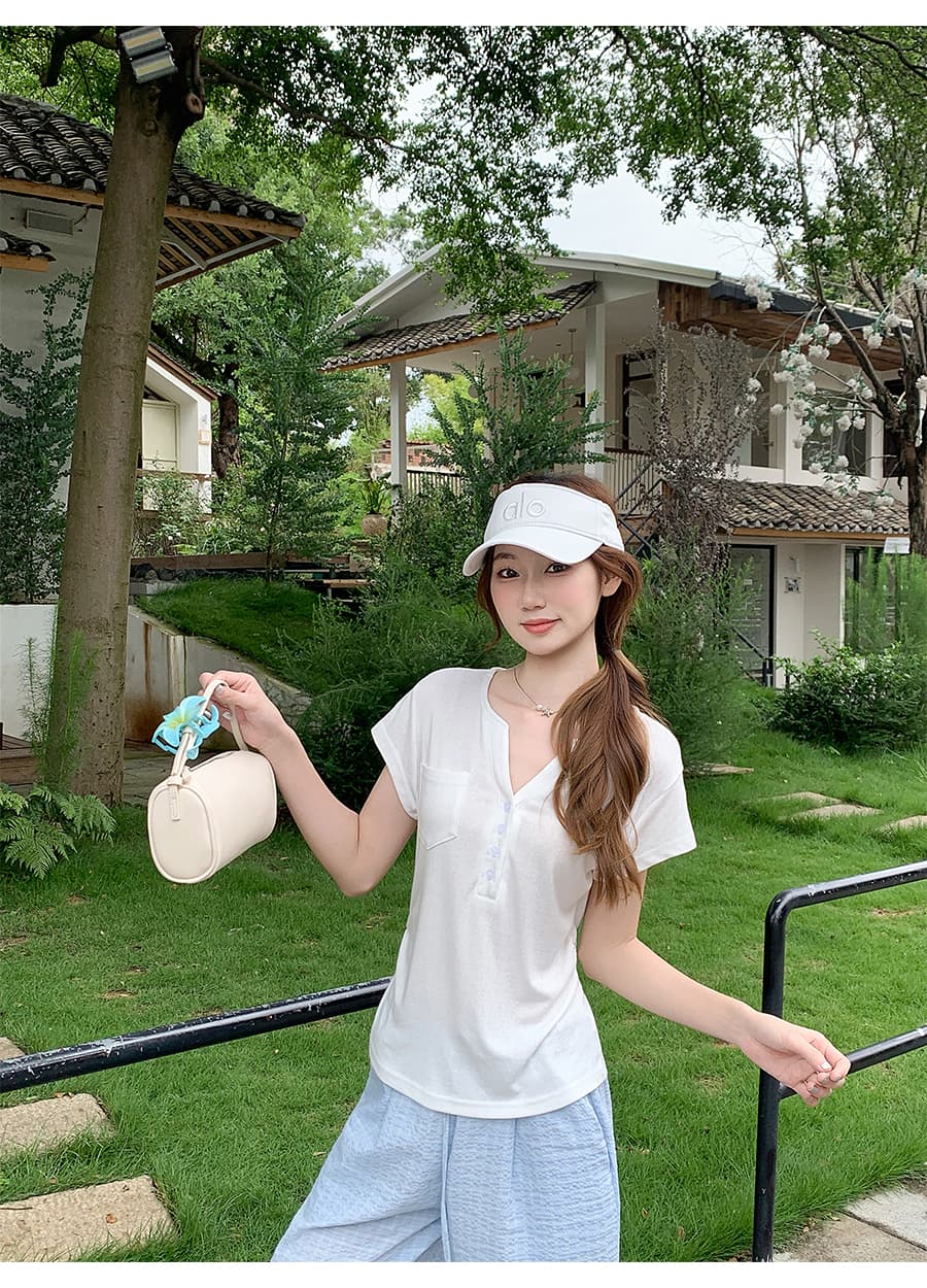순수한 욕망 바람 반 개방 V넥 긍정적 인 어깨 반팔 티셔츠 여성 여름 새로운 한 부서 측면 주머니 몸매 가꾸기 슬림해 보이는 핫걸 맨위 상세 이미지 3