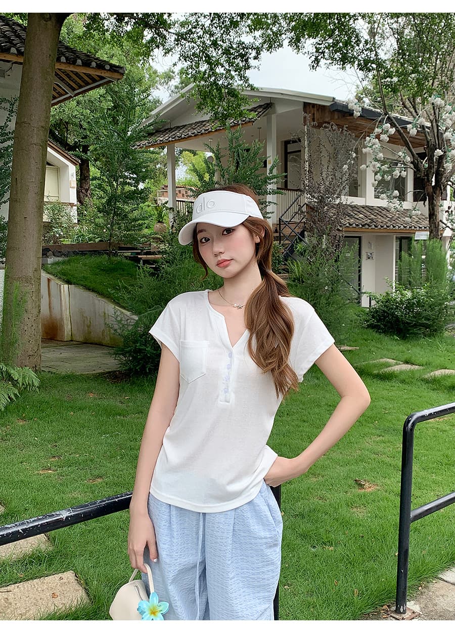 순수한 욕망 바람 반 개방 V넥 긍정적 인 어깨 반팔 티셔츠 여성 여름 새로운 한 부서 측면 주머니 몸매 가꾸기 슬림해 보이는 핫걸 맨위 상세 이미지 4