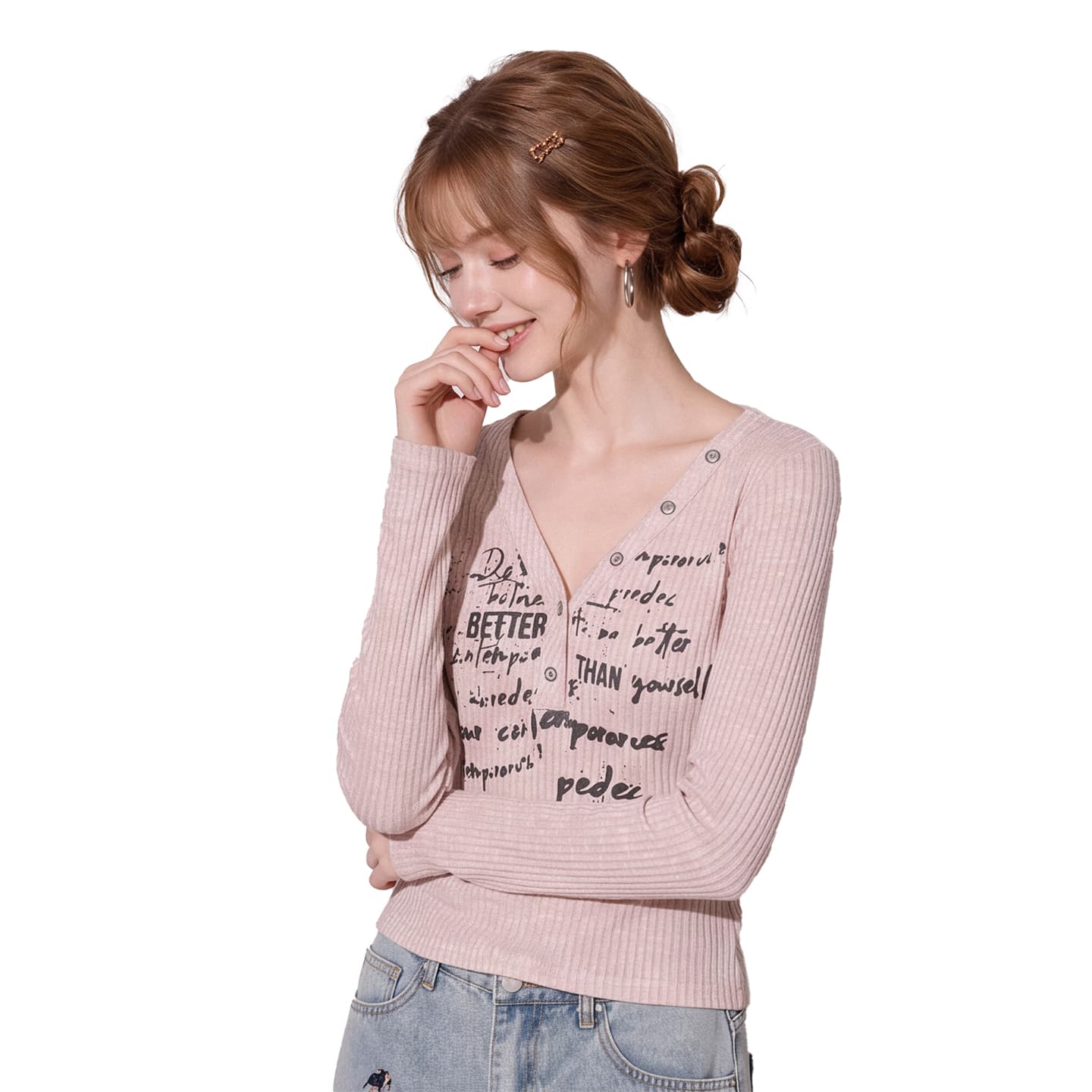 레트로 알파벳 프린트 V넥 긴팔 티셔츠 여성 이른 가을 새로운 핫걸 바람 몸매 가꾸기 쇼트 스타일 구덩이 기사 슬림해 보이는 짧은 맨위 이미지 5
