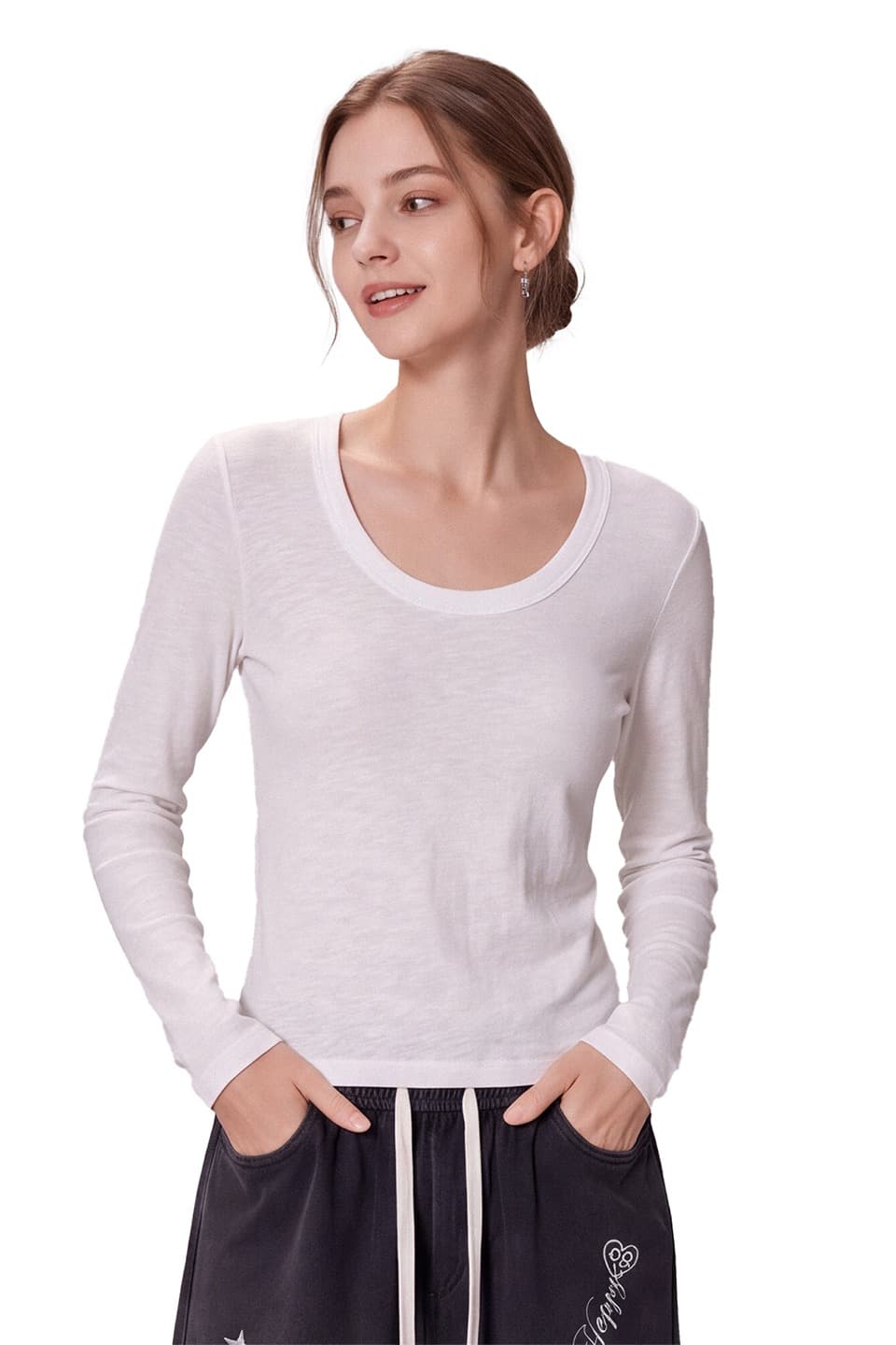 미니멀리즘 바람 라운드 넥 긴팔 티셔츠 여성 가을 새로운 한 부서 기초 섹션 다용도 기본 셔츠 외출용 슬림해 보이는 맨위 이미지 6