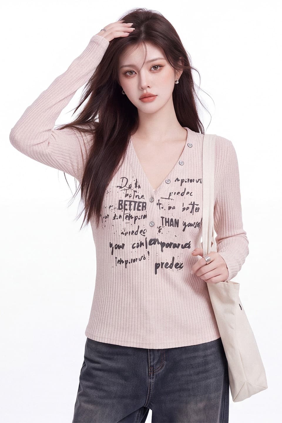 레트로 알파벳 프린트 V넥 긴팔 티셔츠 여성 이른 가을 새로운 핫걸 바람 몸매 가꾸기 쇼트 스타일 구덩이 기사 슬림해 보이는 짧은 맨위 이미지 6