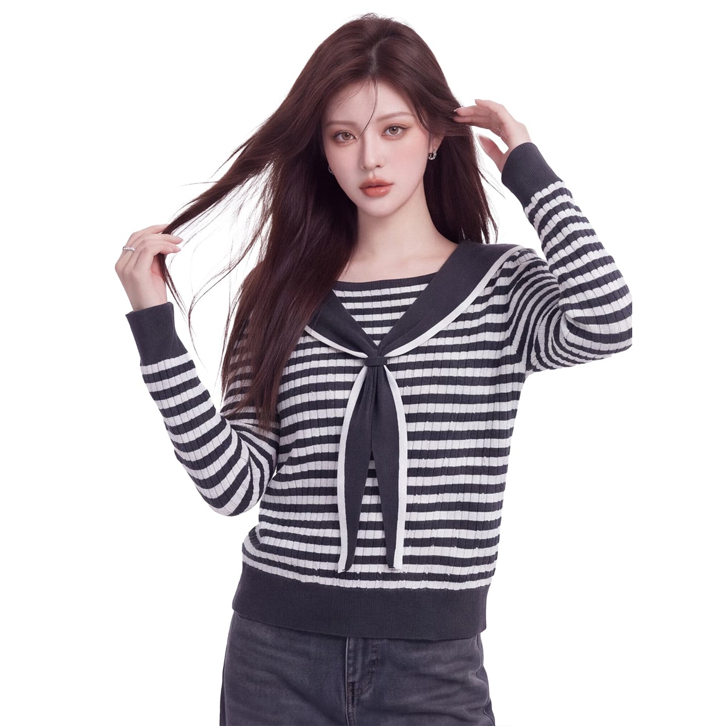한 부서 해군 칼라 레이스업 니트 스웨터 여성 가을 새로운 배색 테두리 꽈배기 질감 센스 스웨터 몸매 가꾸기 맨위 이미지 5