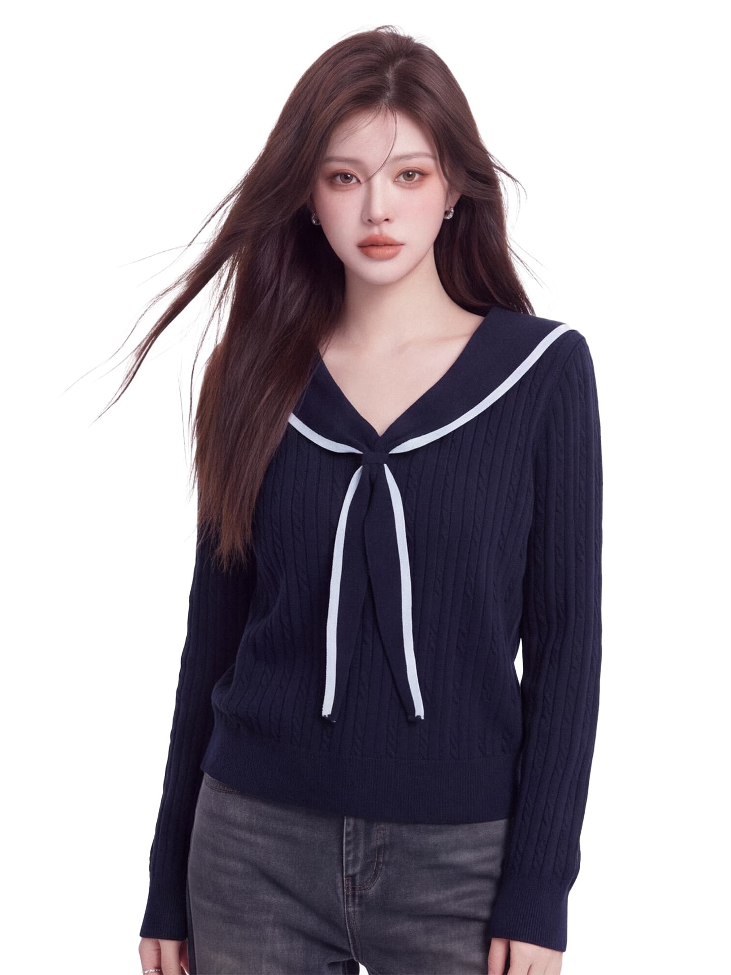 한 부서 해군 칼라 레이스업 니트 스웨터 여성 가을 새로운 배색 테두리 꽈배기 질감 센스 스웨터 몸매 가꾸기 맨위 상세 이미지 4