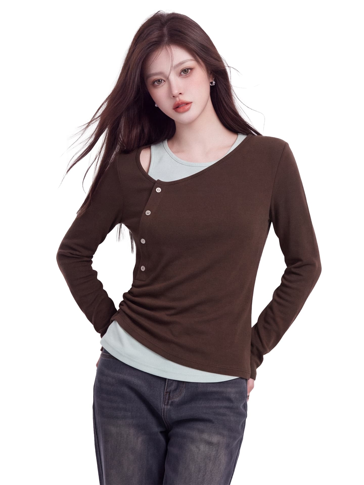 순수한 욕망 바람 비스듬한 칼라 오프숄더 긴팔 티셔츠 여성 가을 새로운 한 부서 디자인 페이크 레이어드 몸매 가꾸기 기본 셔츠 맨위 상세 이미지 3