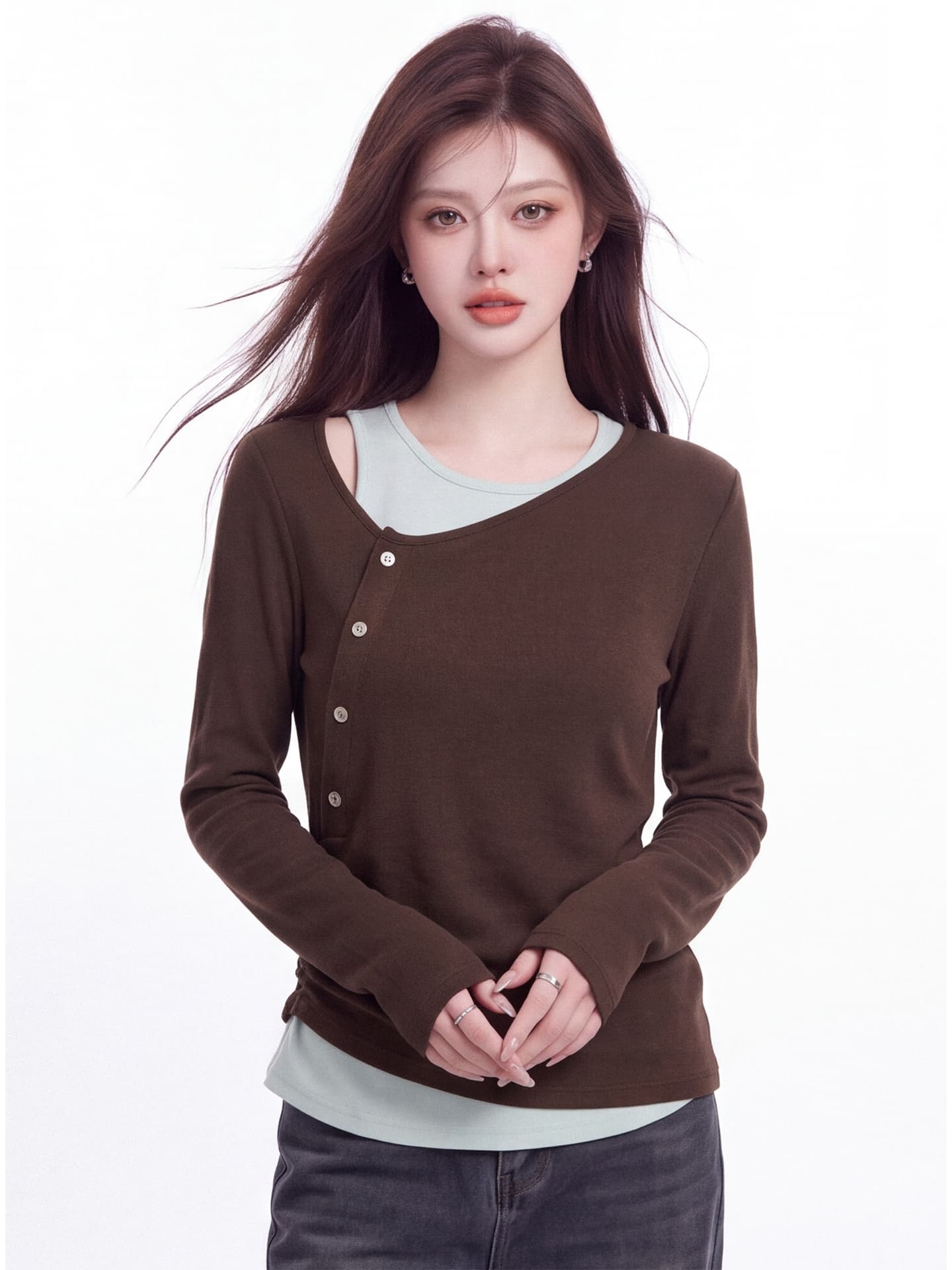 순수한 욕망 바람 비스듬한 칼라 오프숄더 긴팔 티셔츠 여성 가을 새로운 한 부서 디자인 페이크 레이어드 몸매 가꾸기 기본 셔츠 맨위 상세 이미지 4