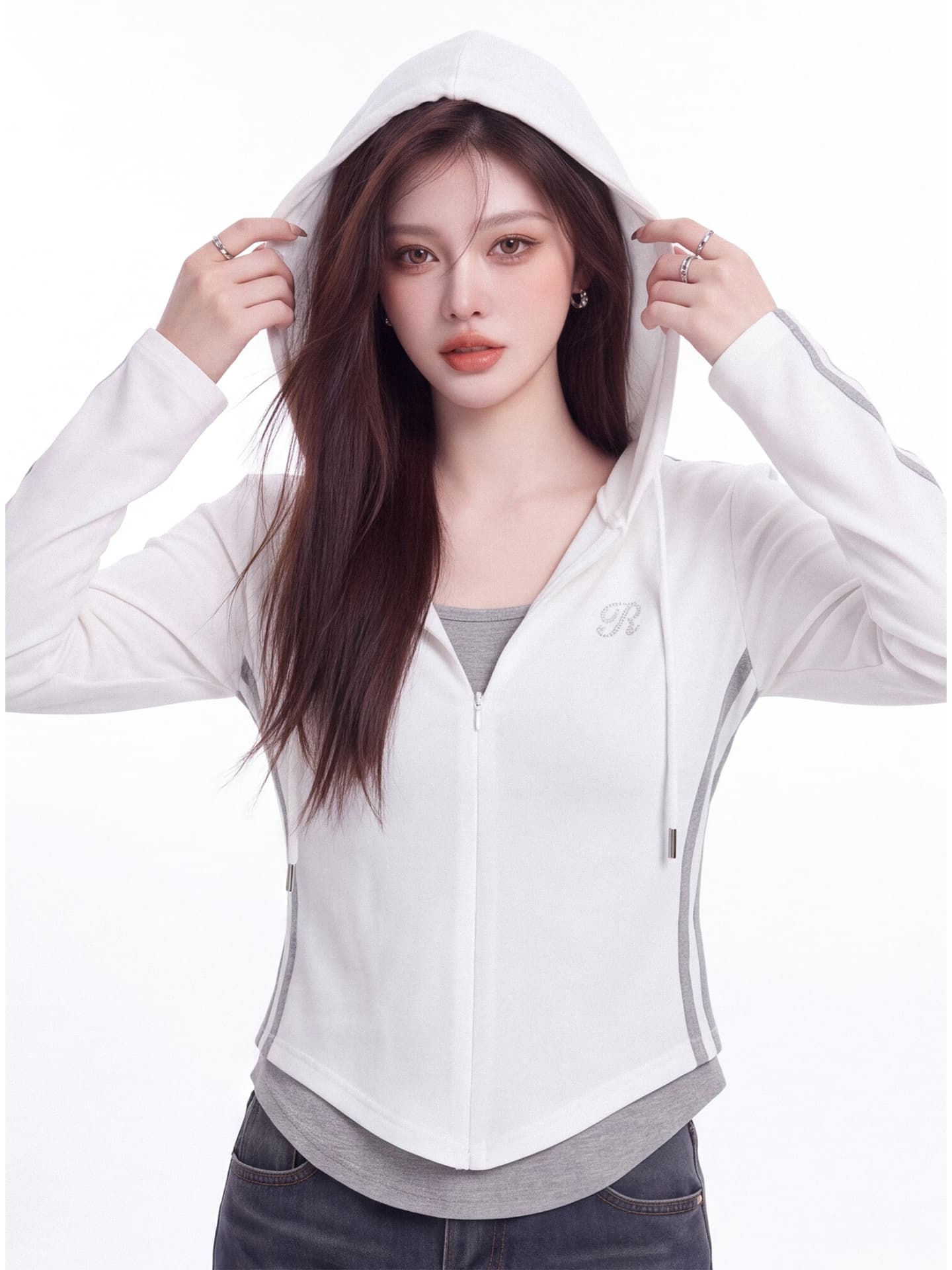 페이크 레이어드 후드 긴팔 티셔츠 여성 이른 가을 새로운 배색 하프 지퍼 측면 스트라이프 허리 수축 만나는 짧은 맨위 상세 이미지 1