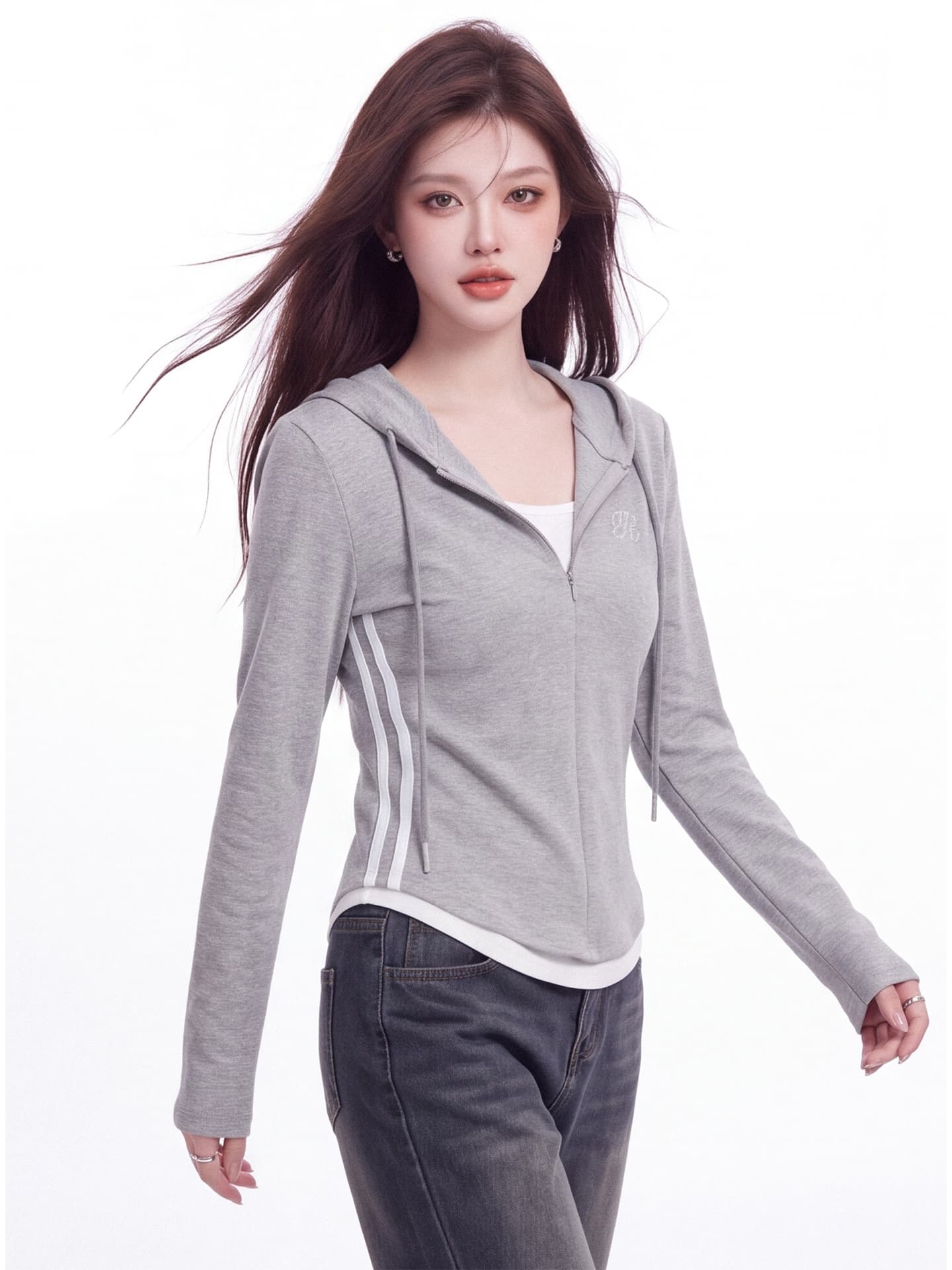페이크 레이어드 후드 긴팔 티셔츠 여성 이른 가을 새로운 배색 하프 지퍼 측면 스트라이프 허리 수축 만나는 짧은 맨위 상세 이미지 3