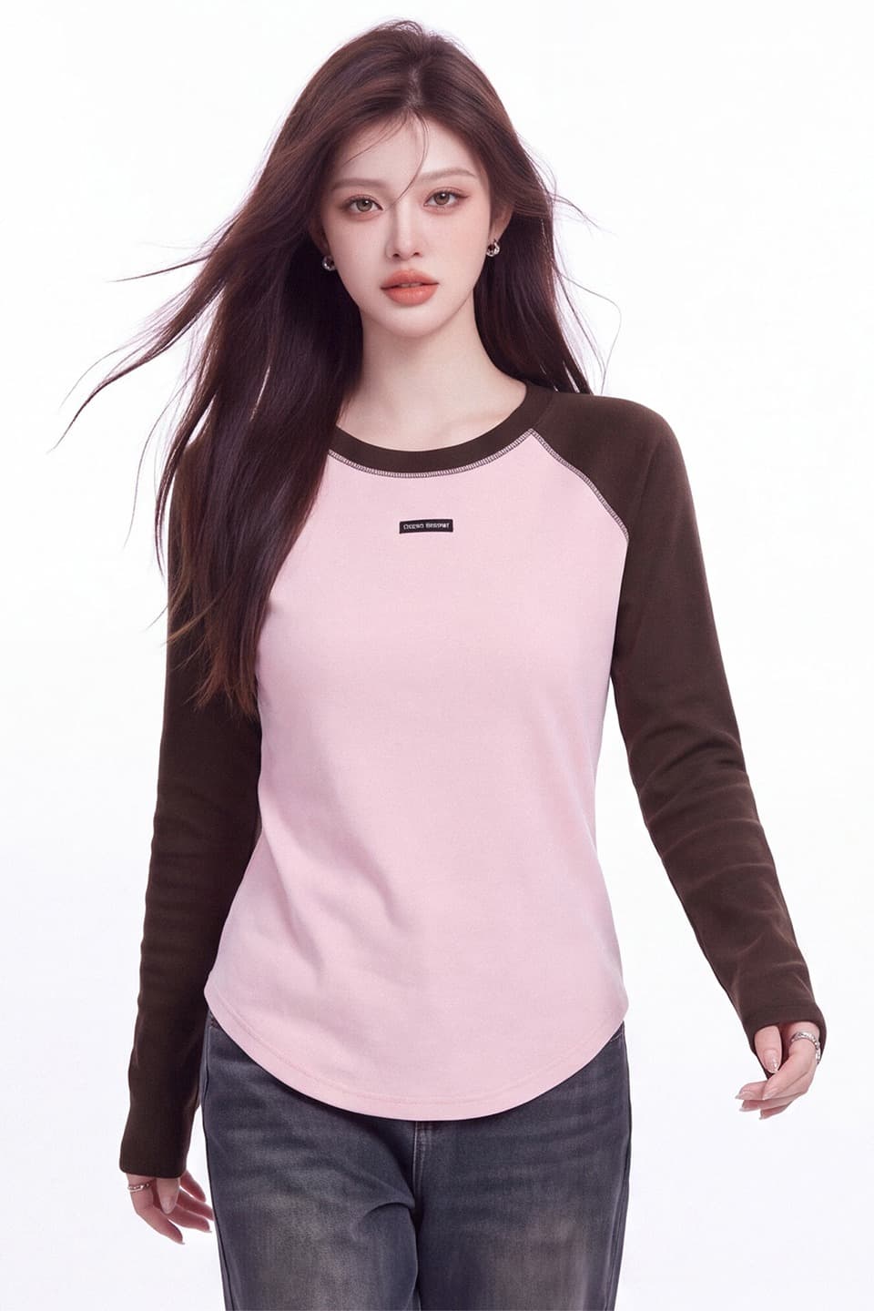 핫걸 바람 배색 삽입 어깨 소매 라운드 넥 티셔츠 여성 가을 새로운 순수한 욕망 몸매 가꾸기 슬림해 보이는 기본 셔츠 다용도 맨위 이미지 6