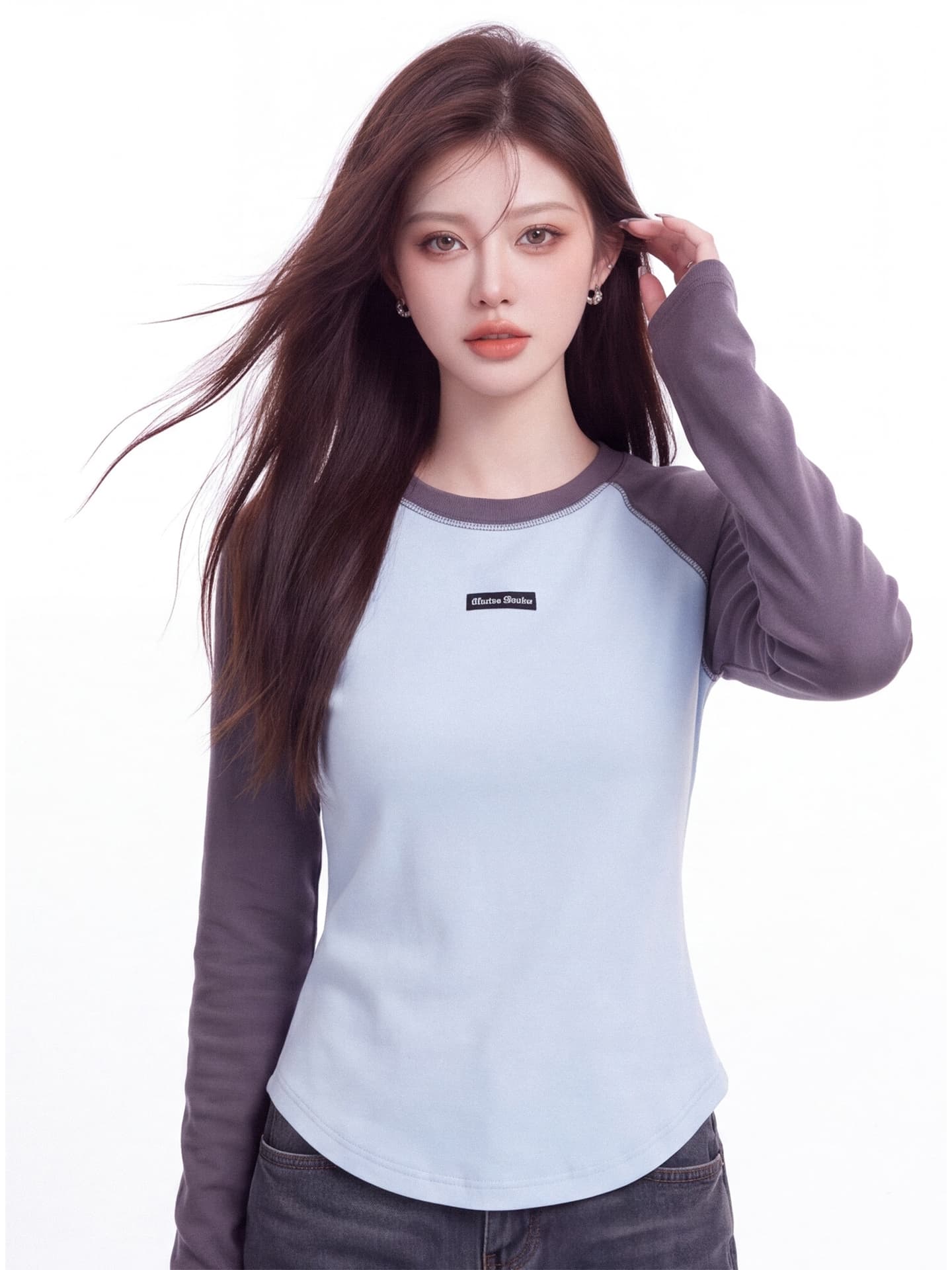 핫걸 바람 배색 삽입 어깨 소매 라운드 넥 티셔츠 여성 가을 새로운 순수한 욕망 몸매 가꾸기 슬림해 보이는 기본 셔츠 다용도 맨위 상세 이미지 6