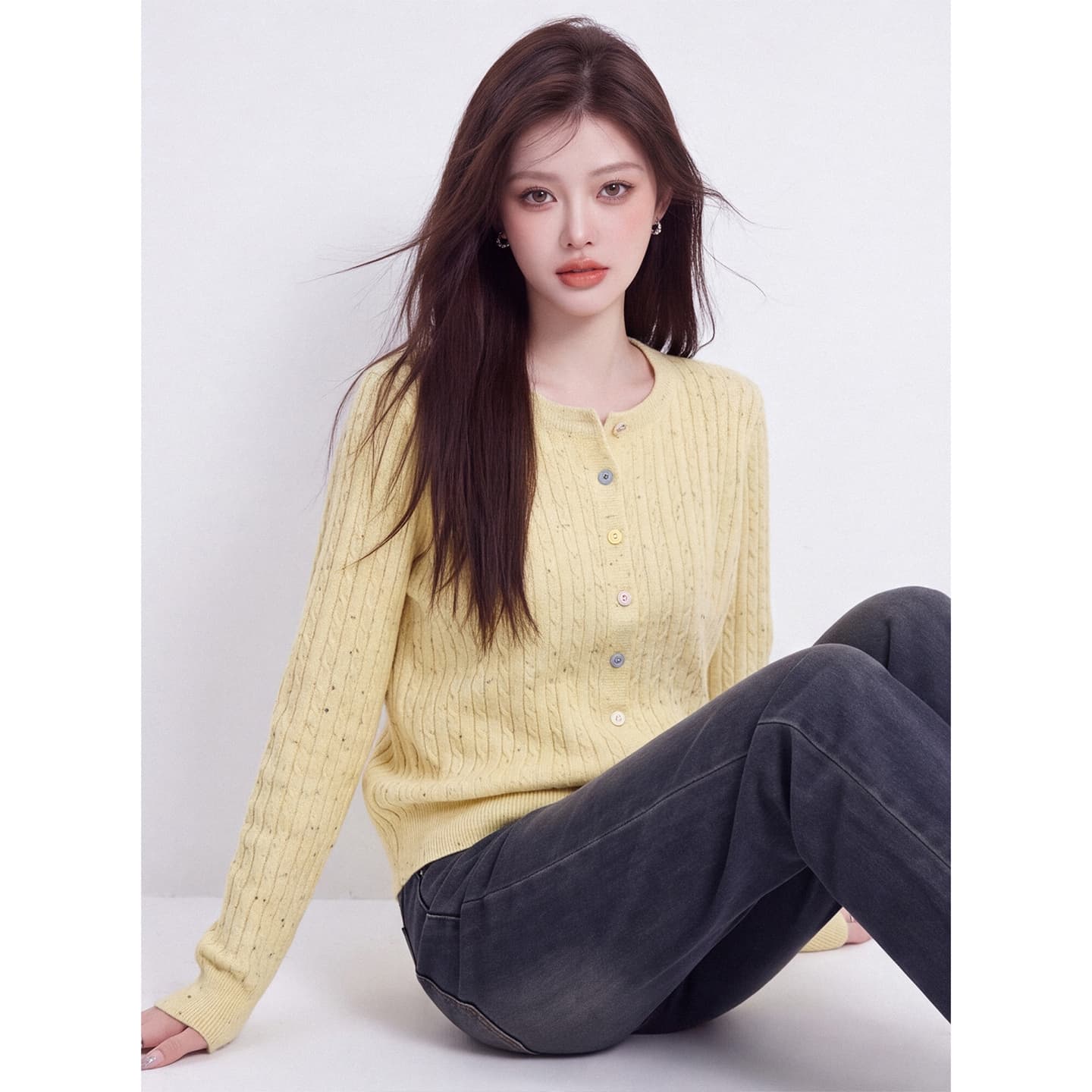 마 무늬 니트 긴 소매 오픈 가디건 여성 가을 새로운 라운드 넥 색상 사탕 단추 스웨터 느긋한 슬림해 보이는 재킷 이미지 2