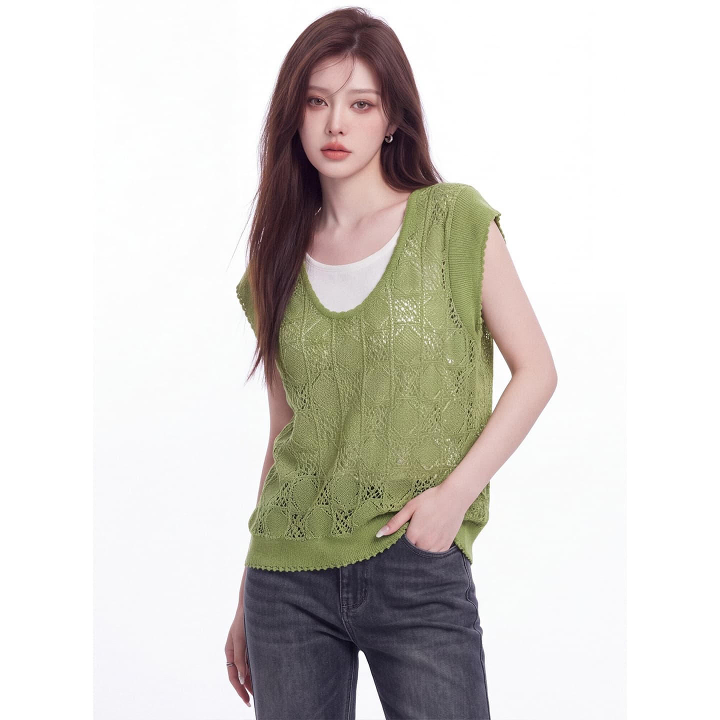 녹색 홀로우 아웃 페이크 레이어드 니트 조끼 여성 여름 새로운 한 부서 물결무늬 측면 u 칼라 통기성 외출용 슬림해 보이는 맨위