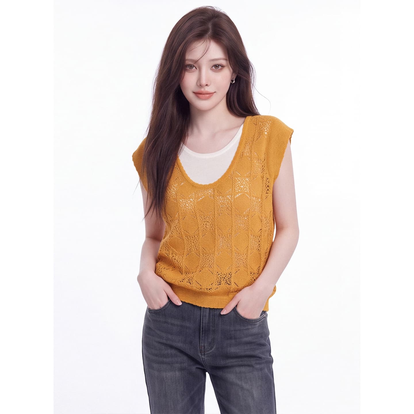 녹색 홀로우 아웃 페이크 레이어드 니트 조끼 여성 여름 새로운 한 부서 물결무늬 측면 u 칼라 통기성 외출용 슬림해 보이는 맨위 이미지 3