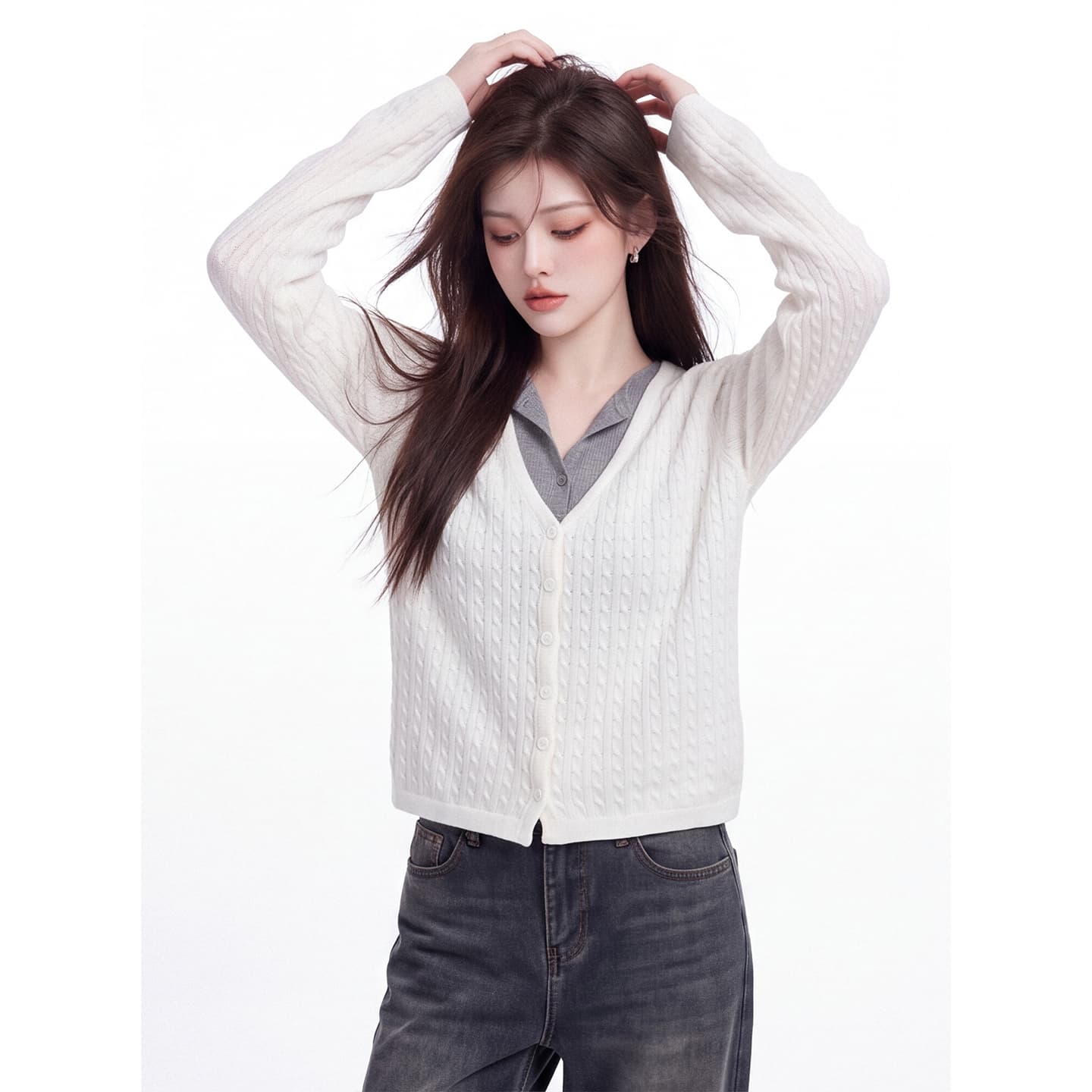 페이크 레이어드 V넥 꽈배기 니트 오픈 가디건 여성 가을 새로운 배색 질감 센스 긴팔 스웨터 몸매 가꾸기 짧은 맨위 이미지 3