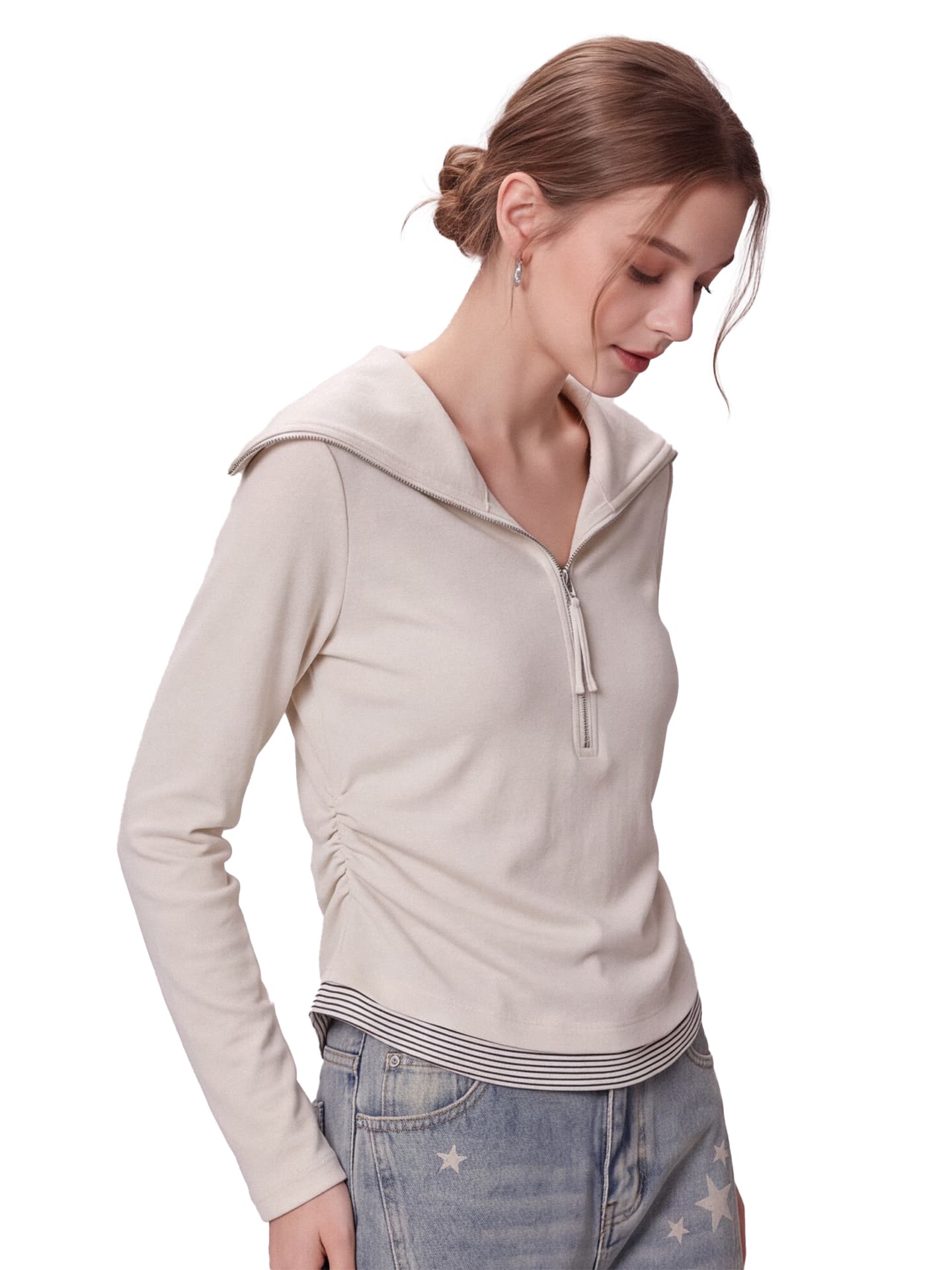 페이크 레이어드 하프 지퍼 해군 칼라 긴팔 티셔츠 여성 가을 새로운 측면 주름 허리 수축 슬림해 보이는 만나는 맨위 상세 이미지 3