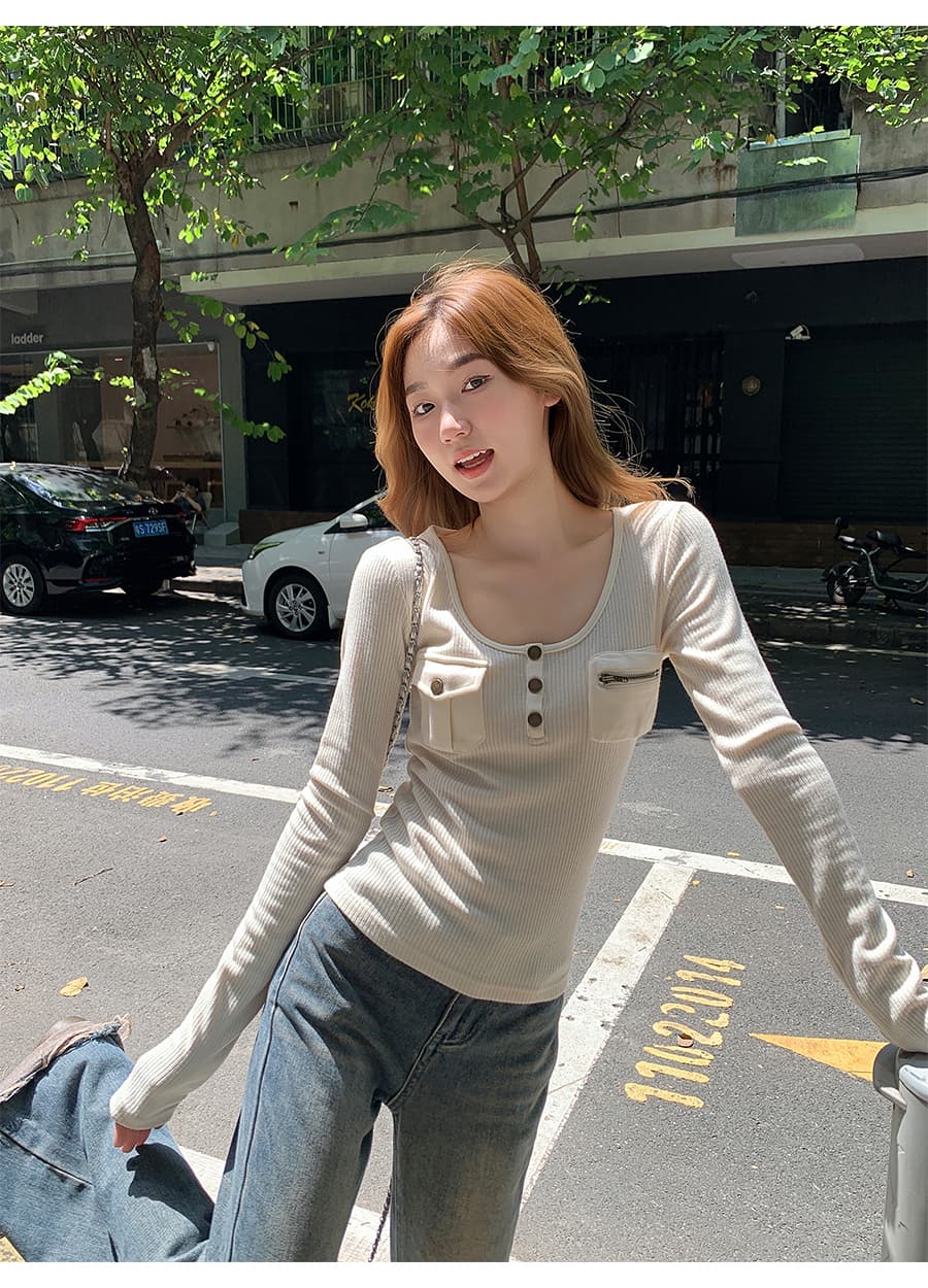 순수한 욕망 핫걸 바람 패치워크 주머니 긴팔 티셔츠 여성 2026 가을 새로운 몸매 가꾸기 슬림해 보이는 인사이드 가져 가라. 아름다운 맨위 상세 이미지 11