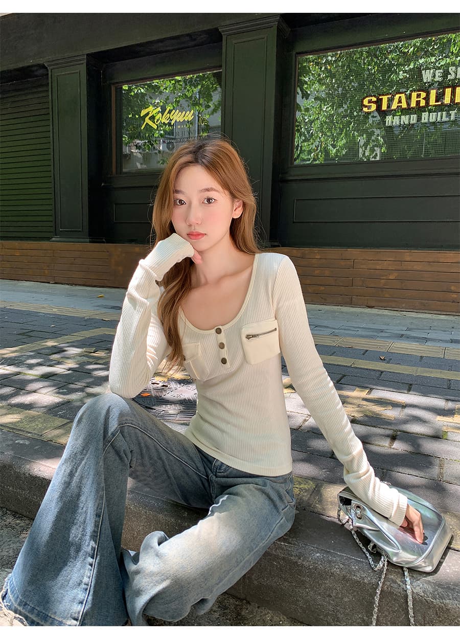 순수한 욕망 핫걸 바람 패치워크 주머니 긴팔 티셔츠 여성 2026 가을 새로운 몸매 가꾸기 슬림해 보이는 인사이드 가져 가라. 아름다운 맨위 상세 이미지 15