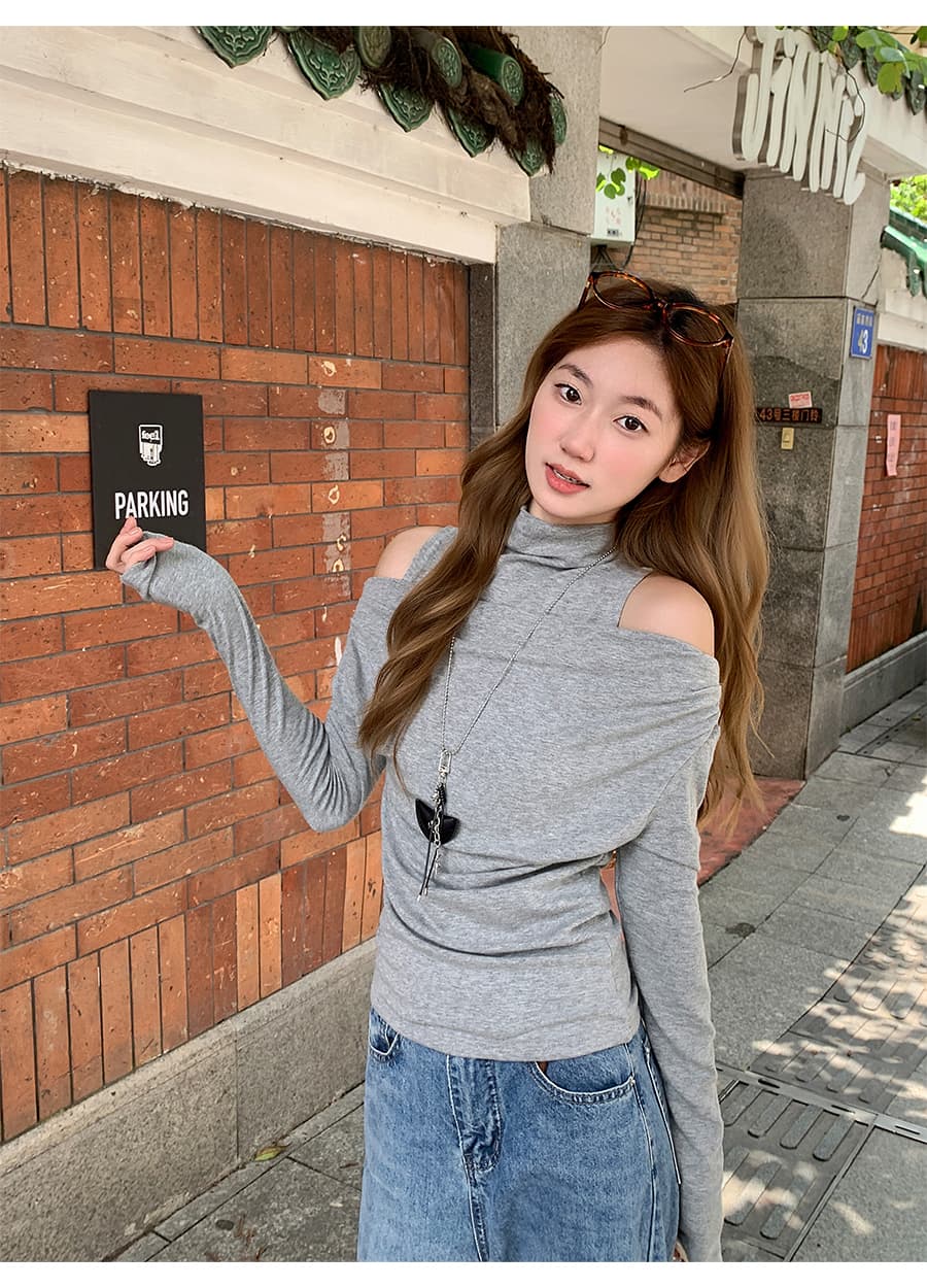 반하이넥 페이크 레이어드 긴팔 티셔츠 여성 2026 가을 새로운 순수한 욕망 바람 몸매 가꾸기 슬림해 보이는 기본 셔츠 짧은 맨위 상세 이미지 9