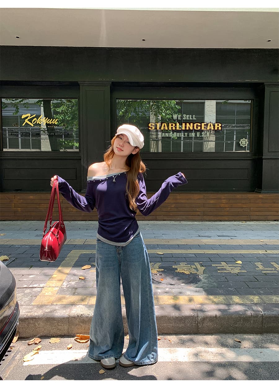 배색 불규칙 핫걸 오프숄더 긴팔 티셔츠 여성 2026 이른 가을 새로운 디자인 센스 페이크 레이어드 맨위 외출용 상세 이미지 11