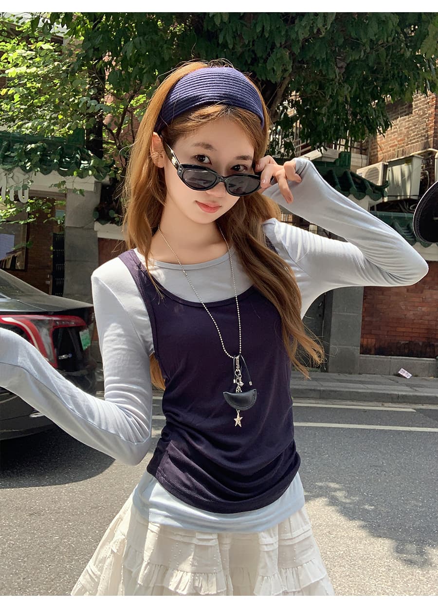 페이크 레이어드 긴팔 티셔츠 여성 2026 가을 배색 패치워크 몸매 가꾸기 쇼트 스타일 인사이드 가져 가라. 만나는 맨위 상세 이미지 12