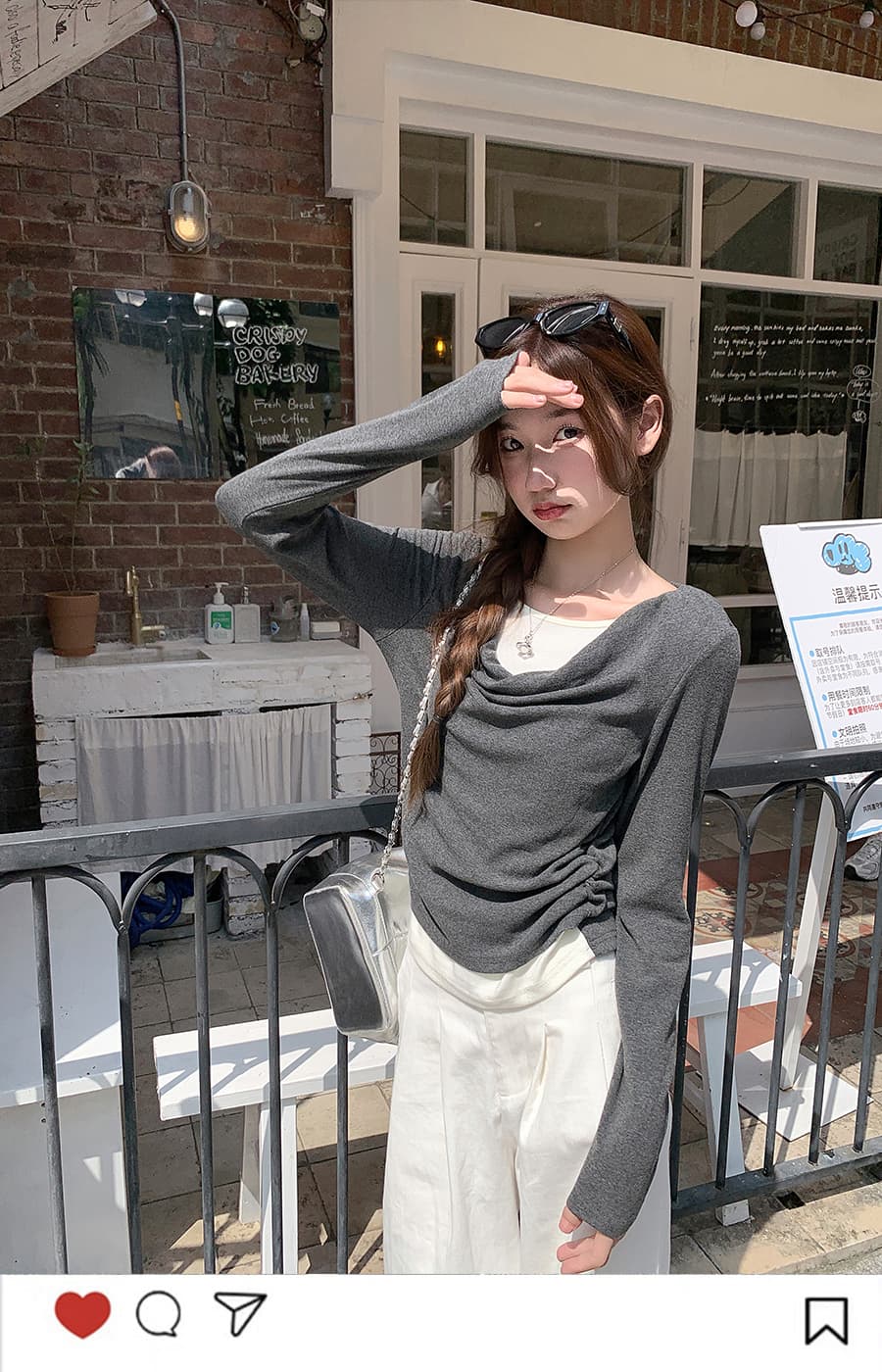 패치워크 배색 페이크 레이어드 긴팔 티셔츠 여성 2026 이른 가을 새로운 주름 허리 수축 슬림해 보이는 쇼트 스타일 만나는 맨위 상세 이미지 1