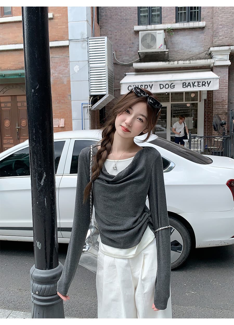 패치워크 배색 페이크 레이어드 긴팔 티셔츠 여성 2026 이른 가을 새로운 주름 허리 수축 슬림해 보이는 쇼트 스타일 만나는 맨위 상세 이미지 10