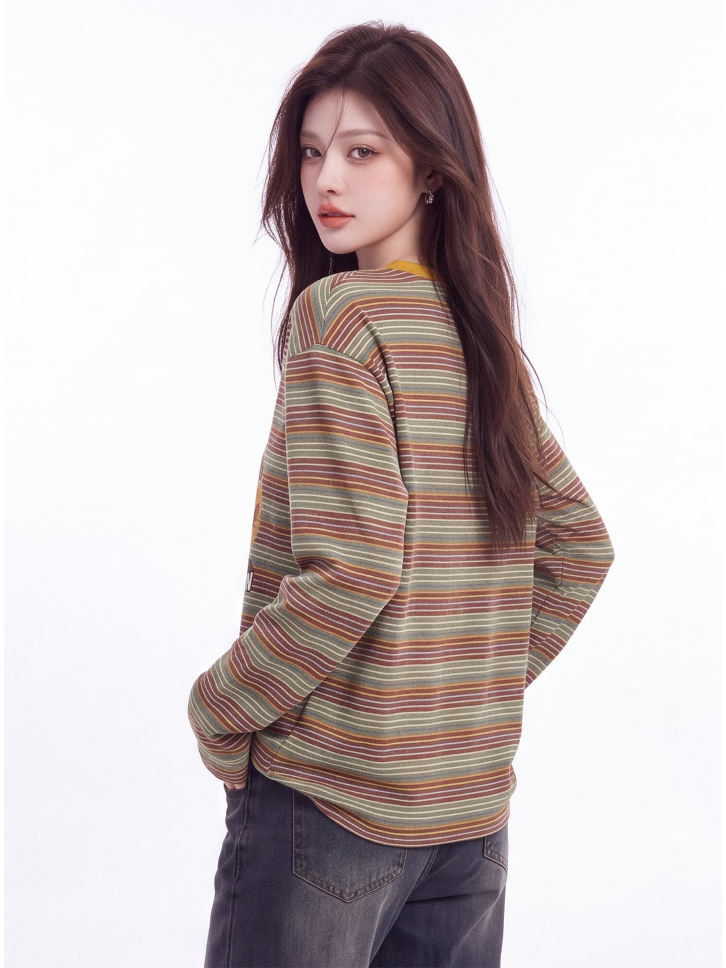 재미있는 만화 프린트 긴팔 티셔츠 여성 가을 새로운 한 부서 배색 스트라이프 루즈핏 만나는 표지 고기 맨위 상세 이미지 3