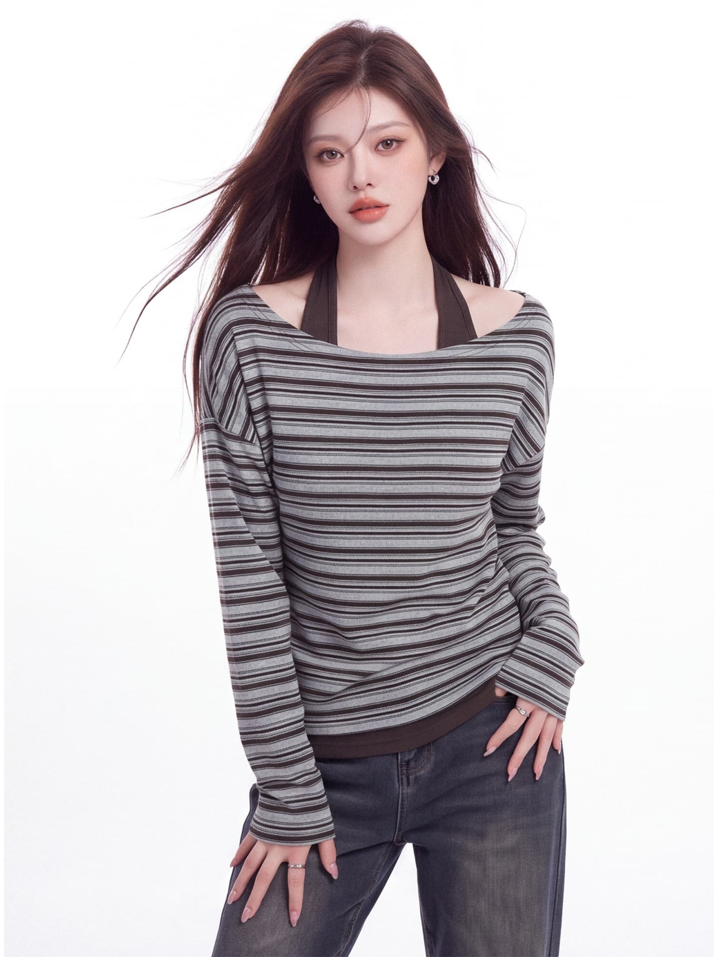 행침 목 패치워크 페이크 레이어드 긴팔 티셔츠 여성 가을 새로운 디자인 센스 배색 기본 셔츠 몸매 가꾸기 슬림해 보이는 맨위 상세 이미지 6