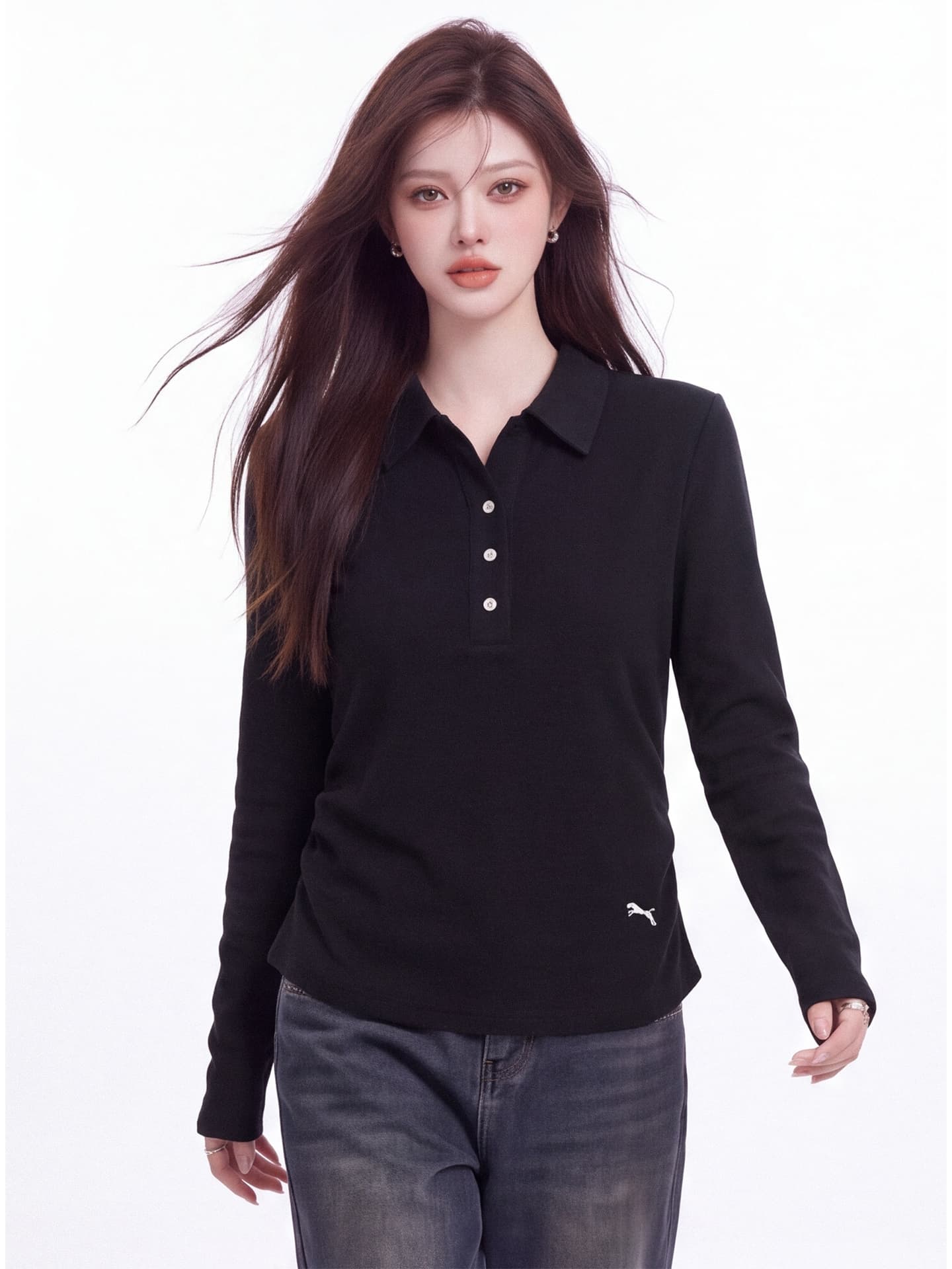 한 부서 반 개방 V넥 긴팔 티셔츠 여성 가을 새로운 측면 주름 허리 수축 기본 셔츠 미니멀리즘 출퇴근 짧은 맨위 상세 이미지 5