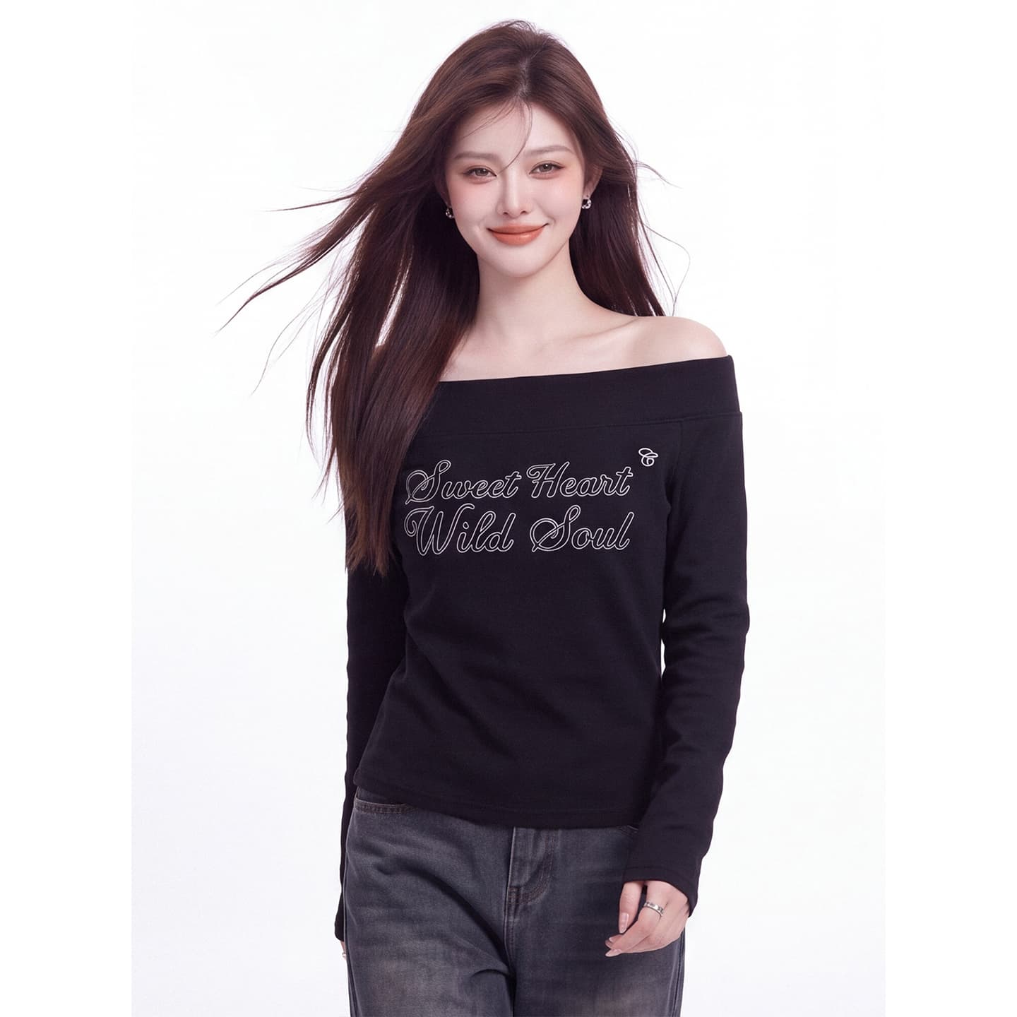 순수한 욕망 보트넥 오프숄더 긴팔 티셔츠 여성 가을 새로운 한 부서 알파벳 프린트 만나는 셔츠 표시 쇄골 맨위 이미지 4