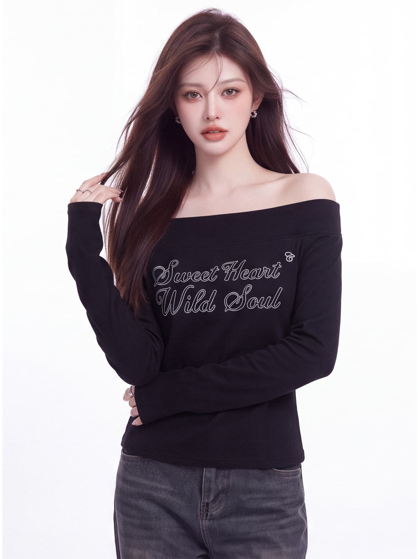 순수한 욕망 보트넥 오프숄더 긴팔 티셔츠 여성 가을 새로운 한 부서 알파벳 프린트 만나는 셔츠 표시 쇄골 맨위 상세 이미지 4