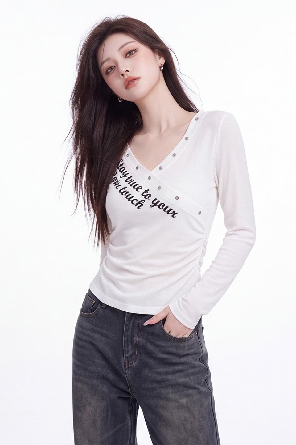 십자가 V넥 징 알파벳 프린트 긴팔 티셔츠 여성 이른 가을 새로운 측면 허리 주름 허리 수축 기본 셔츠 짧은 맨위 이미지 6
