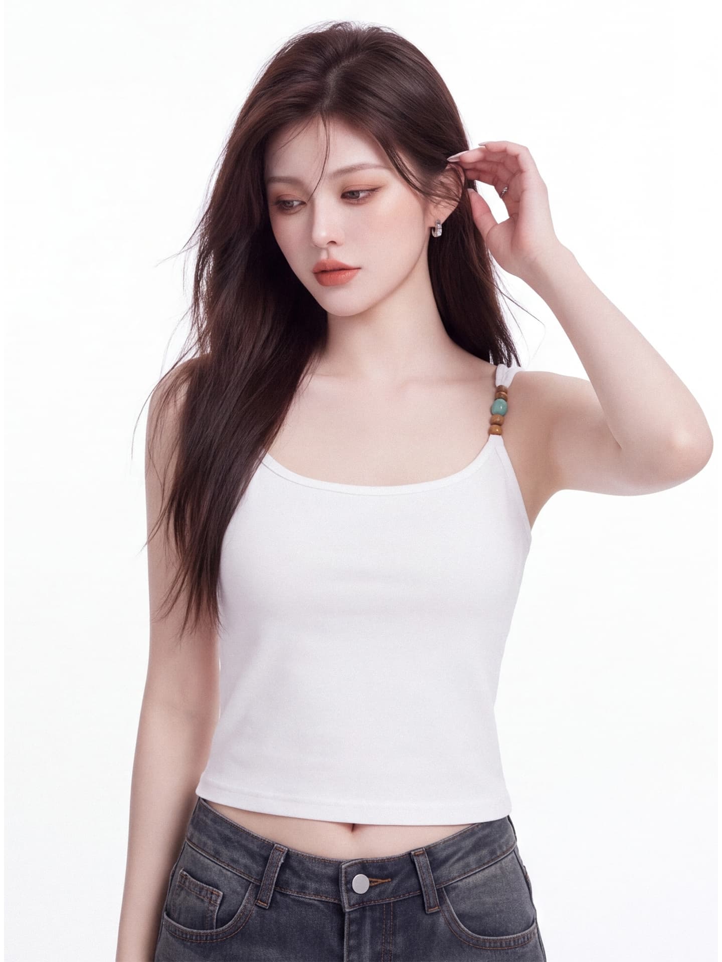 벨트 가슴 패드 하나 아니요 뒤로 캐미솔 여름 새로운 순수한 욕망 바람 u 칼라 몸매 가꾸기 슬림해 보이는 외출용 셔츠 맨위 상세 이미지 1