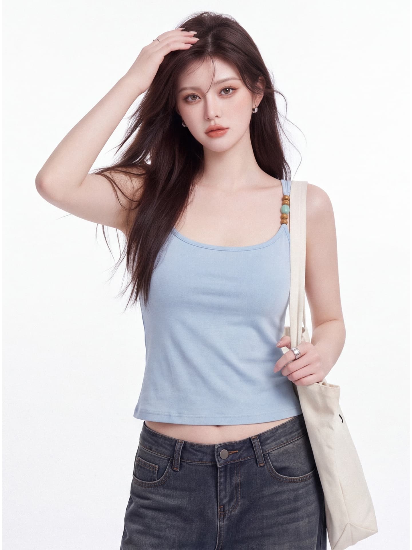 벨트 가슴 패드 하나 아니요 뒤로 캐미솔 여름 새로운 순수한 욕망 바람 u 칼라 몸매 가꾸기 슬림해 보이는 외출용 셔츠 맨위 상세 이미지 4