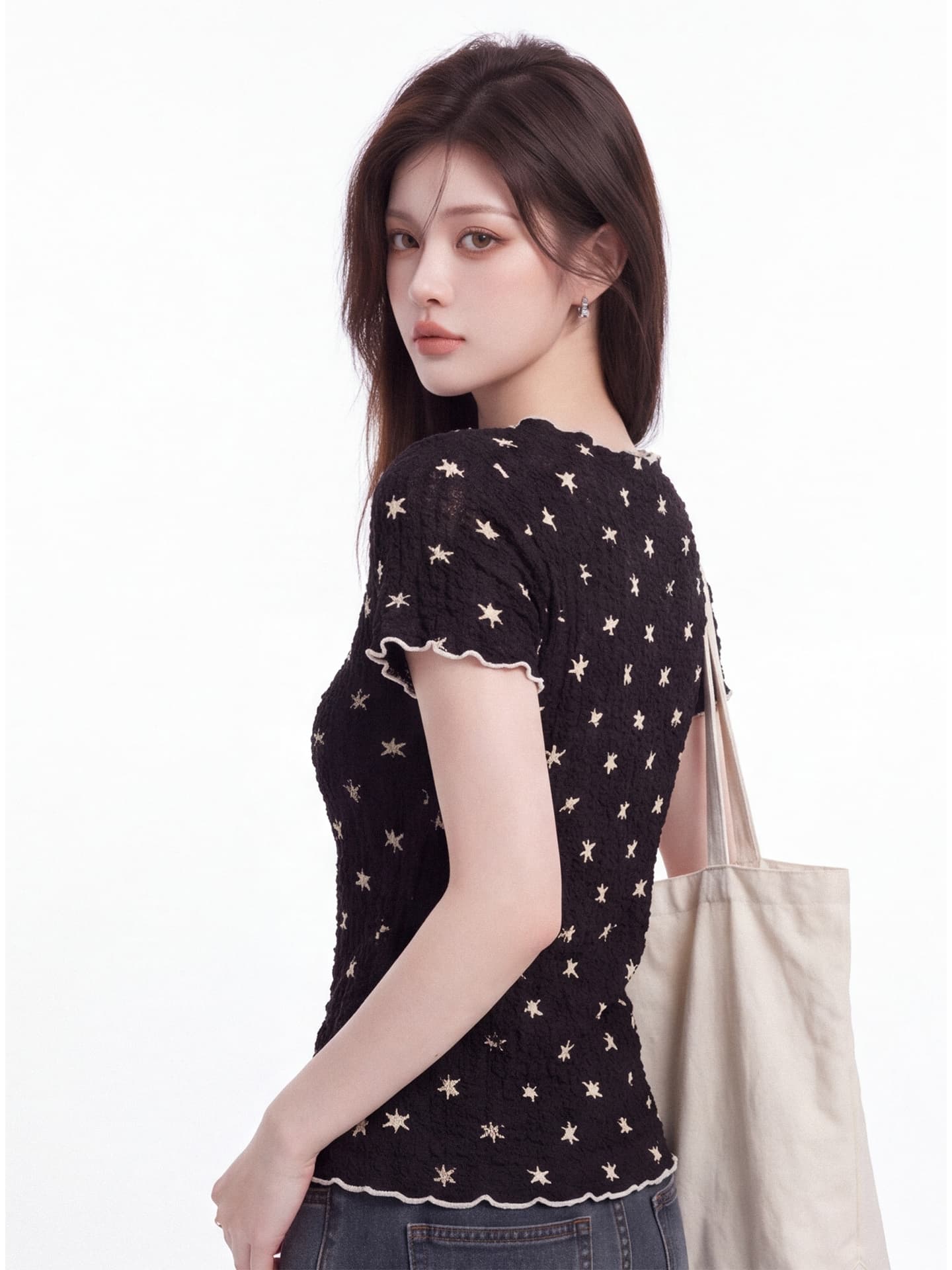 한 부서 프릴 별 전체 인쇄 라운드 넥 반팔 티셔츠 여성 여름 새로운 질감 센스 몸매 가꾸기 슬림해 보이는 짧은 맨위 상세 이미지 6