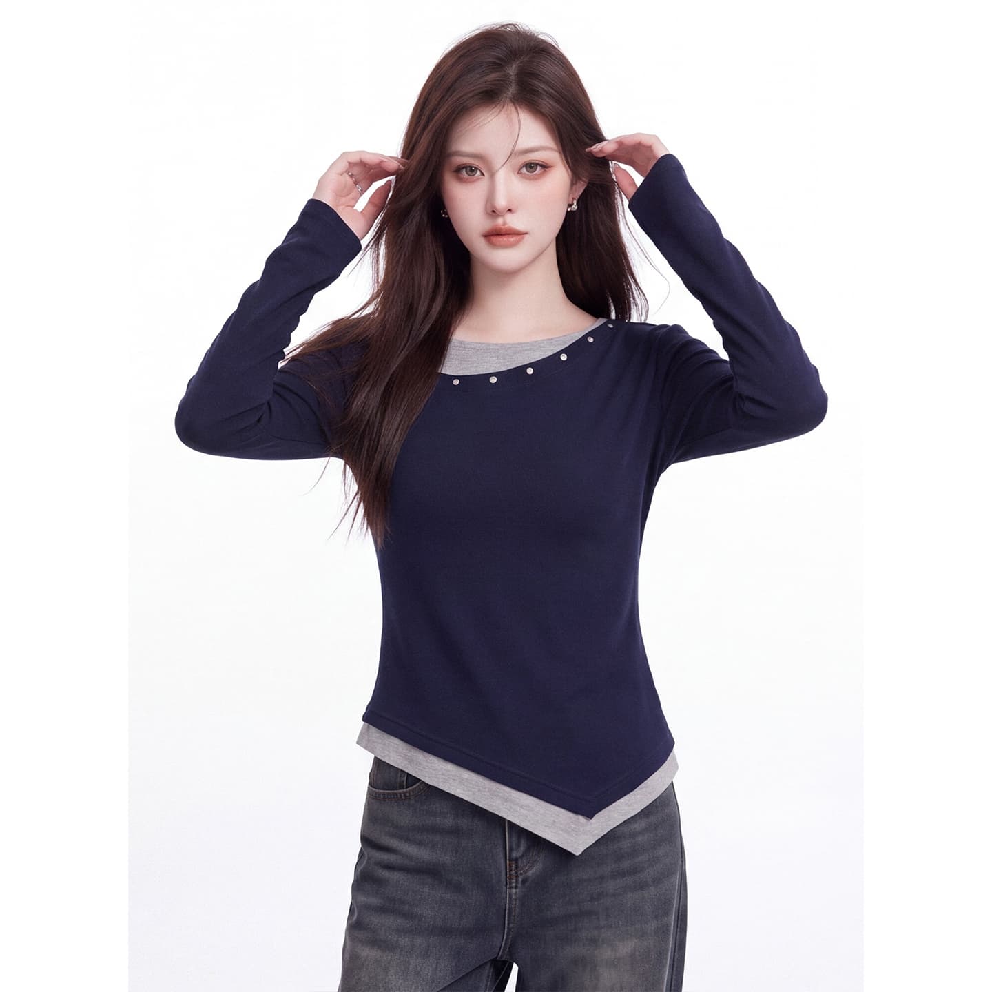 아메리칸 핫걸 페이크 레이어드 오프숄더 긴팔 티셔츠 여성 가을 새로운 몸매 가꾸기 슬림해 보이는 디자인 센스 기본 셔츠 맨위 이미지 2