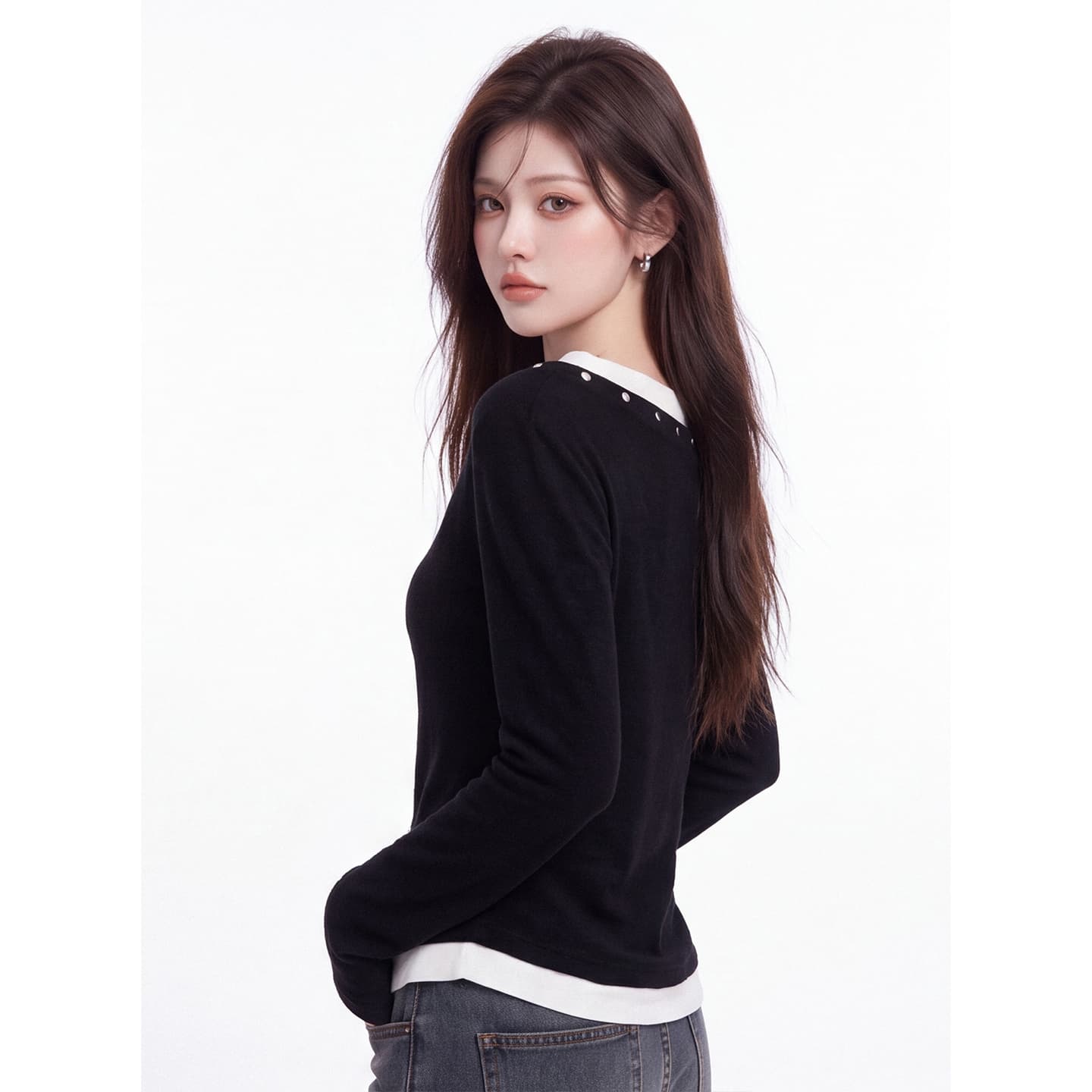 아메리칸 핫걸 페이크 레이어드 오프숄더 긴팔 티셔츠 여성 가을 새로운 몸매 가꾸기 슬림해 보이는 디자인 센스 기본 셔츠 맨위 이미지 3