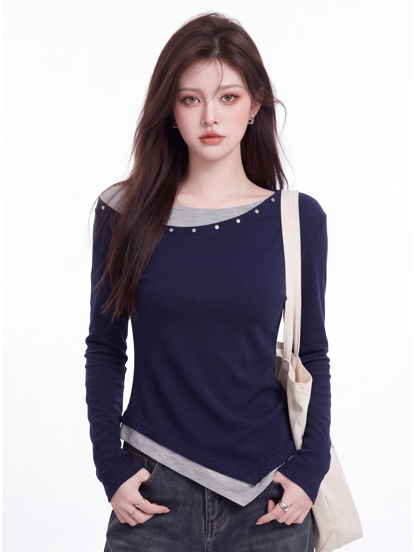 아메리칸 핫걸 페이크 레이어드 오프숄더 긴팔 티셔츠 여성 가을 새로운 몸매 가꾸기 슬림해 보이는 디자인 센스 기본 셔츠 맨위 상세 이미지 1