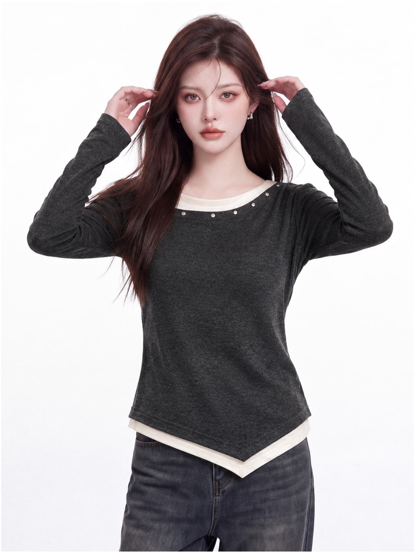아메리칸 핫걸 페이크 레이어드 오프숄더 긴팔 티셔츠 여성 가을 새로운 몸매 가꾸기 슬림해 보이는 디자인 센스 기본 셔츠 맨위 상세 이미지 6