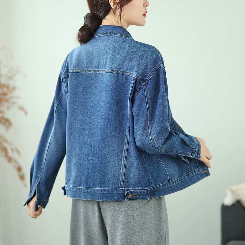 실사 봄 가을 캐주얼 워싱 순면 부드러운 데님 여성 코트 폴로 칼라 쇼트 스타일 데님 재킷 긴팔 맨위 이미지 6