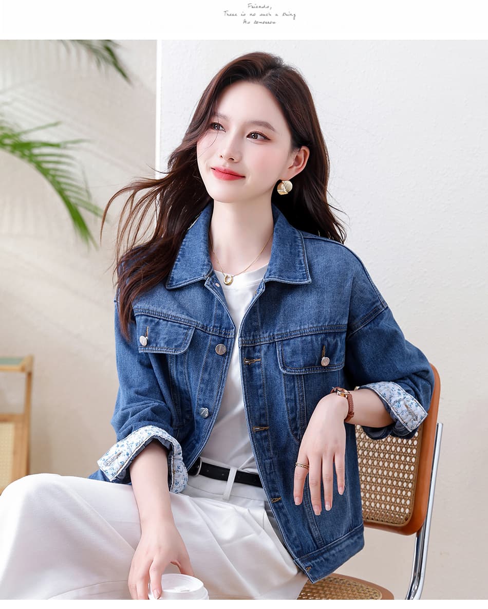 실사 레트로 워싱 데님 짧은 여성 코트 가을 새로운 꽃무늬 패치워크 루즈핏 긴팔 재킷 캐주얼 맨위 상세 이미지 17
