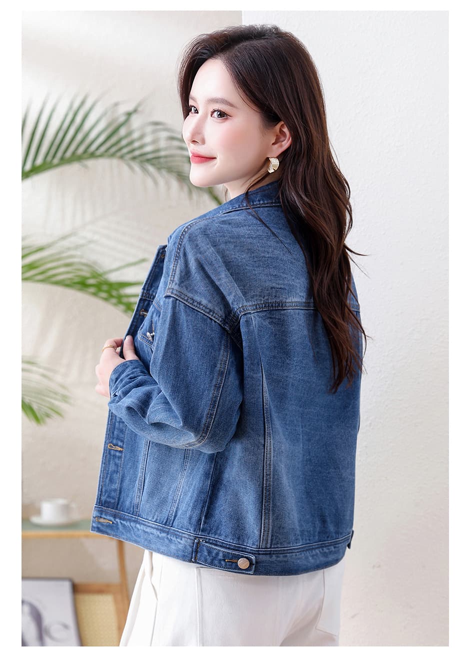 실사 레트로 워싱 데님 짧은 여성 코트 가을 새로운 꽃무늬 패치워크 루즈핏 긴팔 재킷 캐주얼 맨위 상세 이미지 23