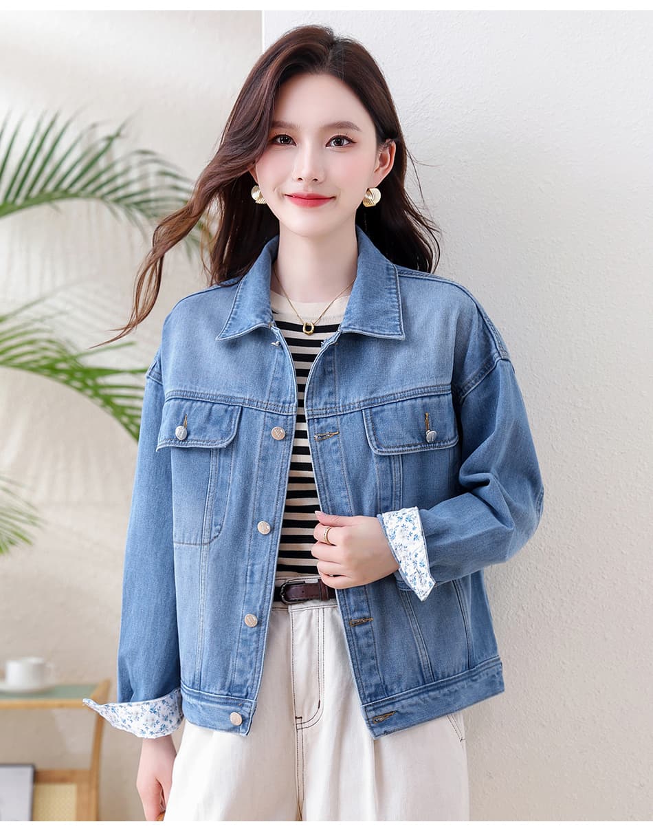 실사 레트로 워싱 데님 짧은 여성 코트 가을 새로운 꽃무늬 패치워크 루즈핏 긴팔 재킷 캐주얼 맨위 상세 이미지 24