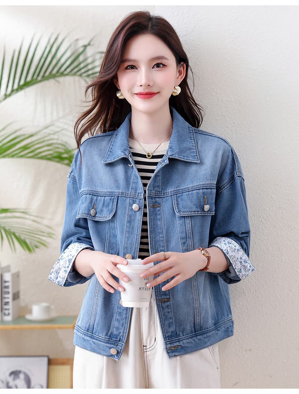 실사 레트로 워싱 데님 짧은 여성 코트 가을 새로운 꽃무늬 패치워크 루즈핏 긴팔 재킷 캐주얼 맨위 상세 이미지 28