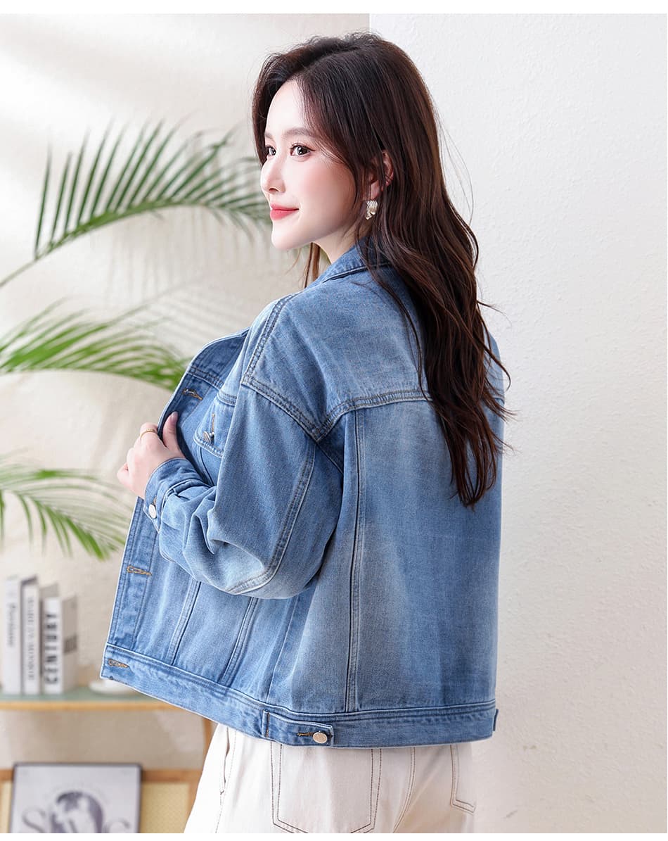 실사 레트로 워싱 데님 짧은 여성 코트 가을 새로운 꽃무늬 패치워크 루즈핏 긴팔 재킷 캐주얼 맨위 상세 이미지 32