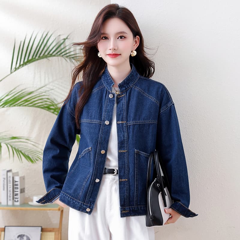 실사 레트로 순면 스탠드 칼라 부드러운 데님 짧은 외투 여성 긴팔 데님 맨위 루즈핏 다용도 재킷 외출용 이미지 3